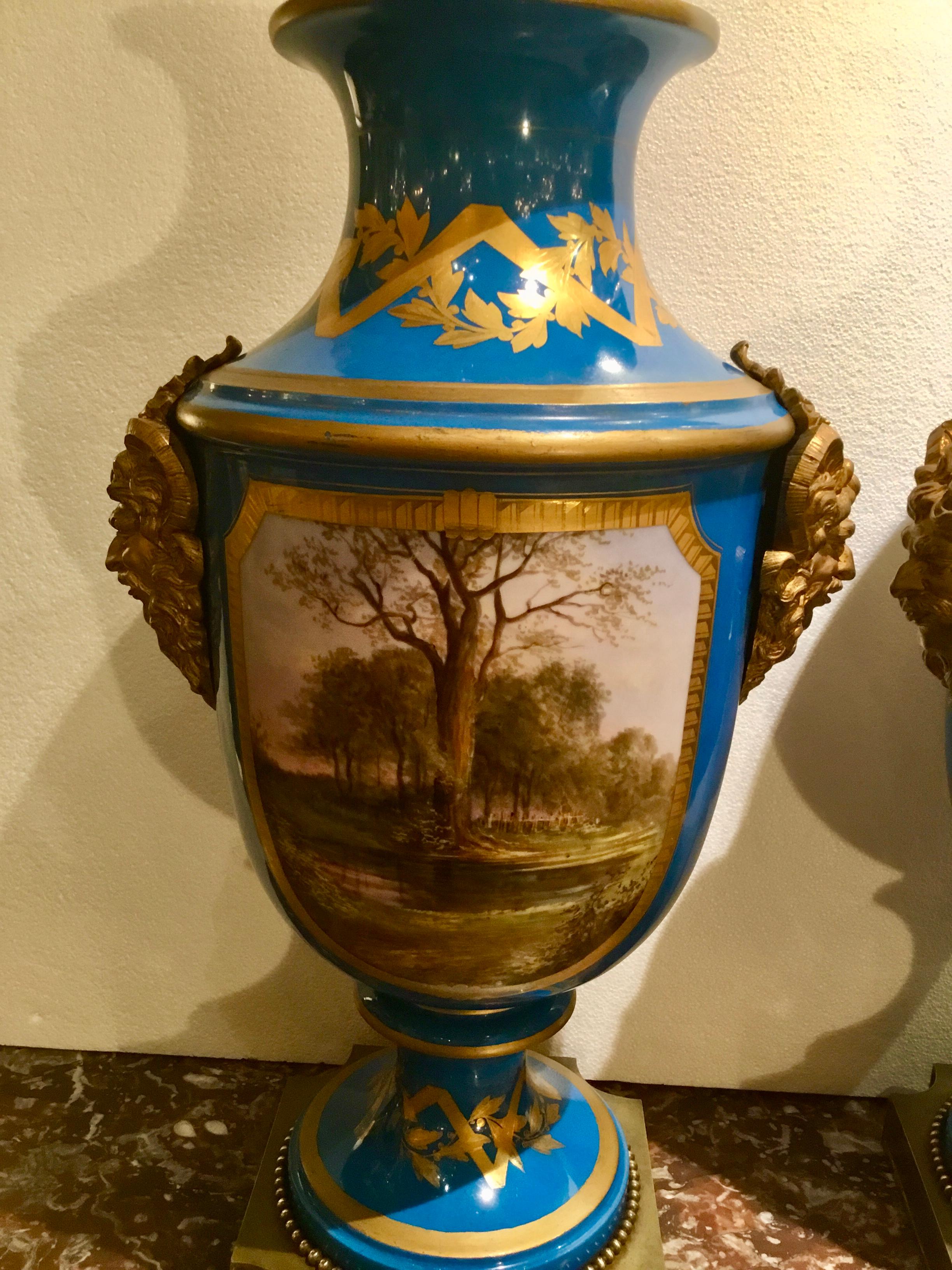 Fine Large Pair of Sevres Vases, Baluster Form in Bleu Celeste with Gilt Bronze In Good Condition For Sale In Houston, TX