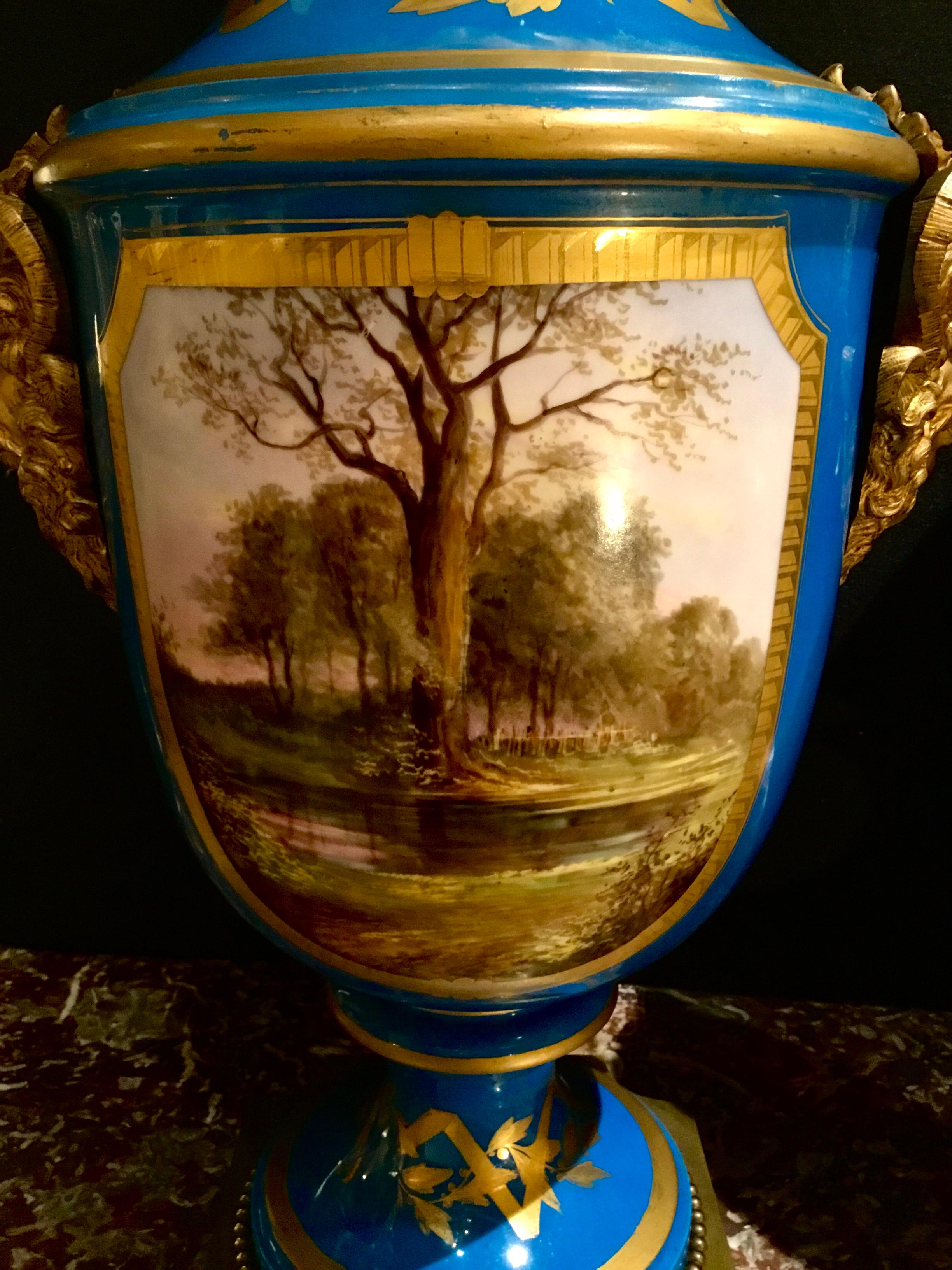 19th Century Fine Large Pair of Sevres Vases, Baluster Form in Bleu Celeste with Gilt Bronze For Sale