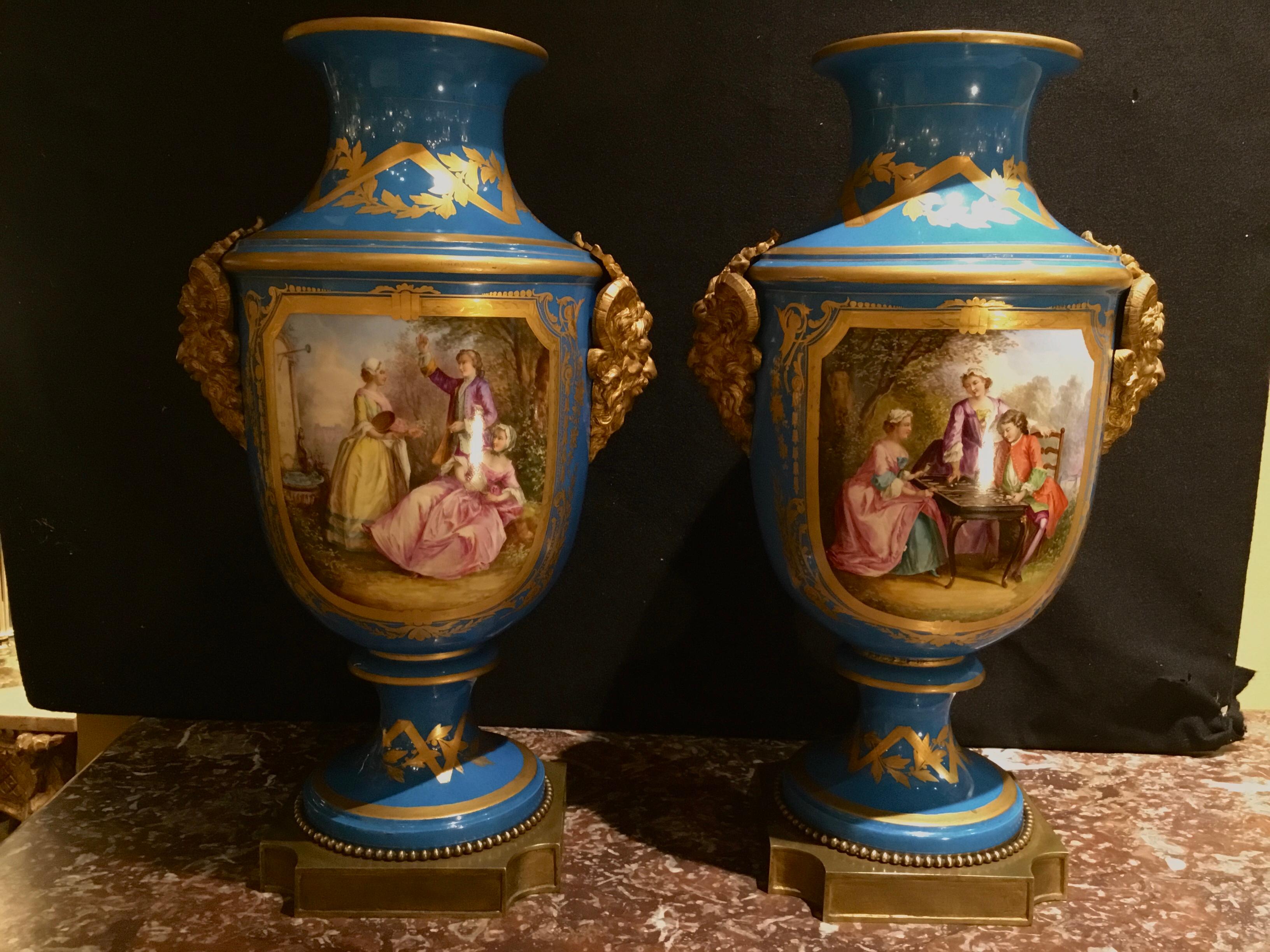 Porcelain Fine Large Pair of Sevres Vases, Baluster Form in Bleu Celeste with Gilt Bronze For Sale