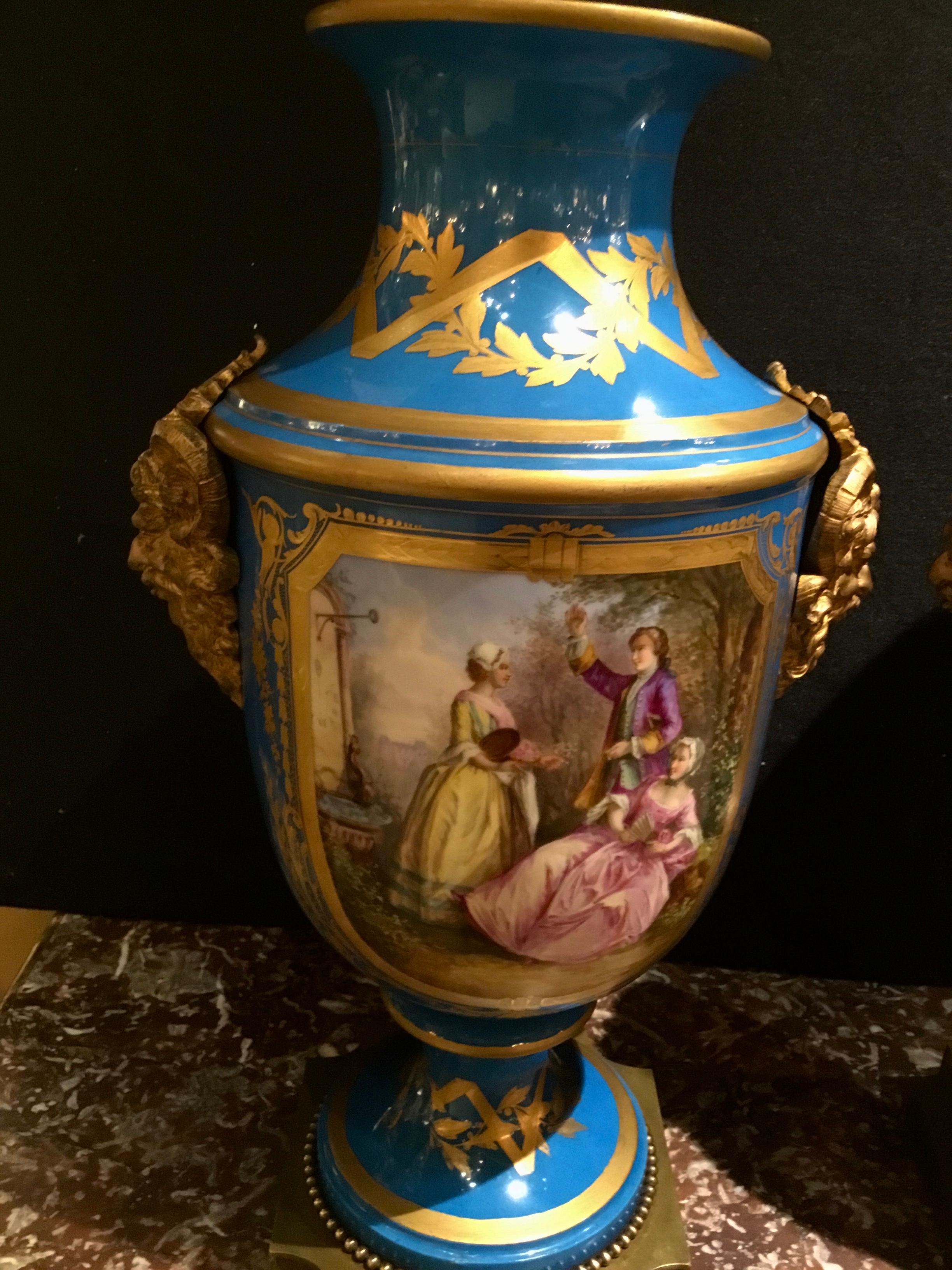 Fine Large Pair of Sevres Vases, Baluster Form in Bleu Celeste with Gilt Bronze For Sale 1