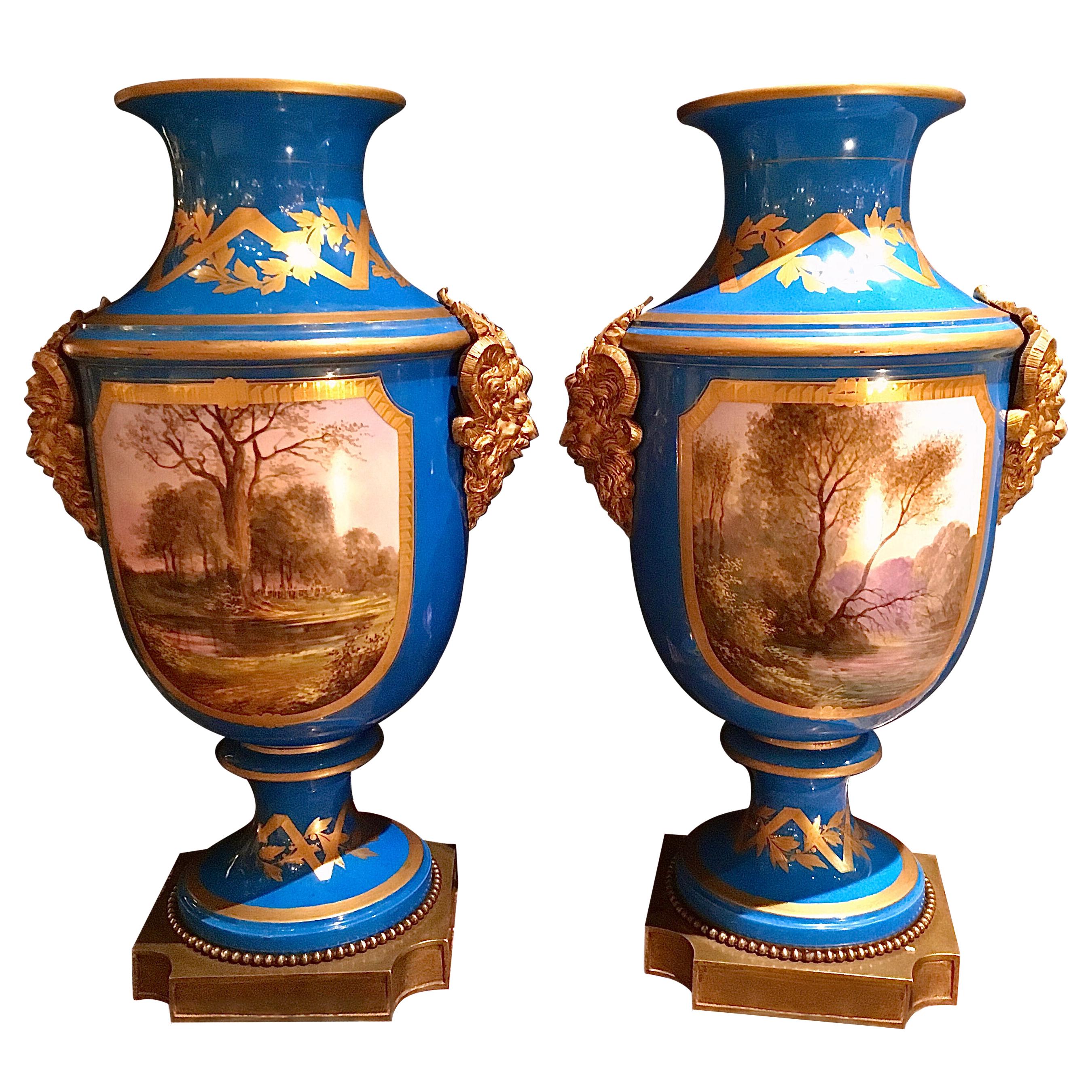 Antique Pair of French "Sevres" Bleu Celeste and Gilt Bronze Covered