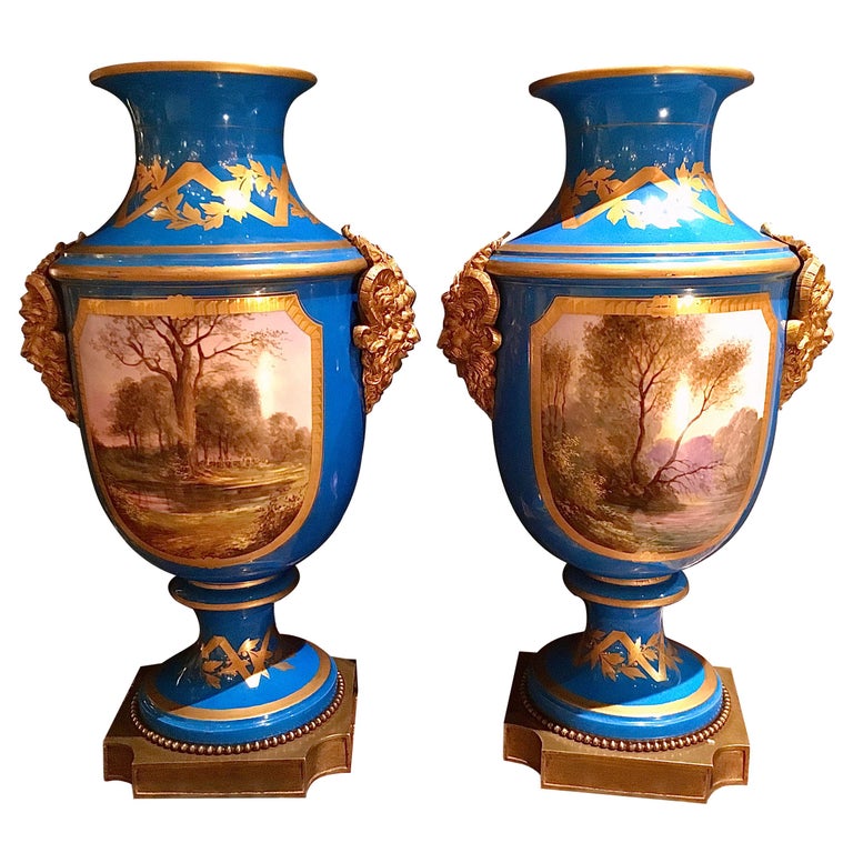Fine Large Pair of Sevres Vases, Baluster Form in Bleu Celeste with Gilt  Bronze For Sale at 1stDibs