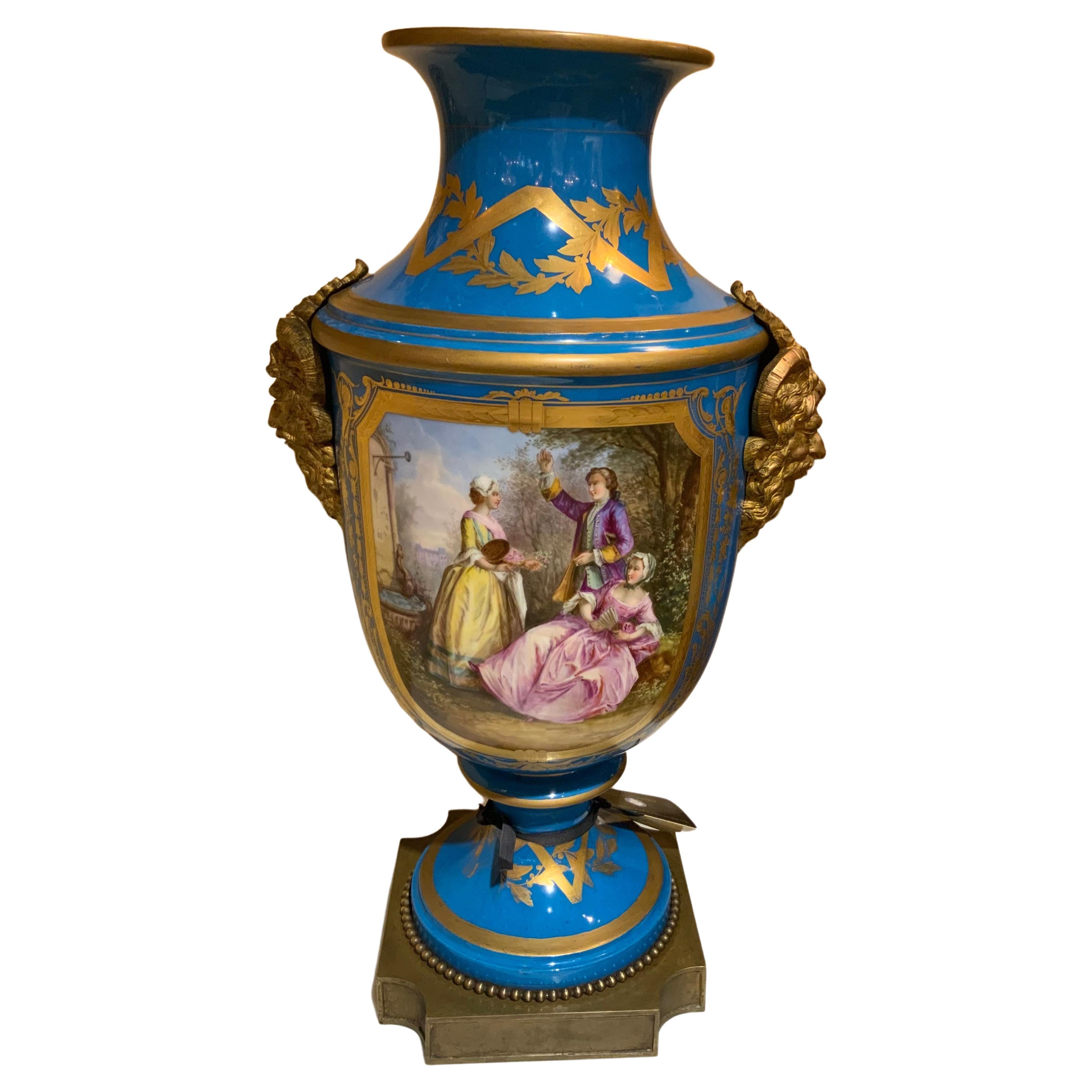 Fine Large Pair of Sevres Vases, Baluster Form in Bleu Celeste with Gilt Bronze For Sale