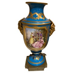 Fine Large Pair of Sevres Vases, Baluster Form in Bleu Celeste with Gilt Bronze
