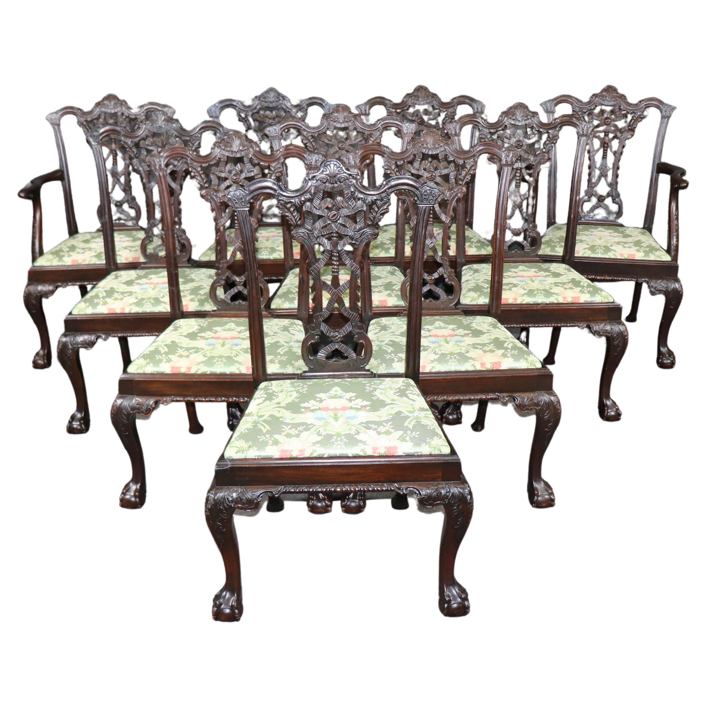 Fine Large Set 10 Carved Dark Mahogany English Chippendale Dining Chairs