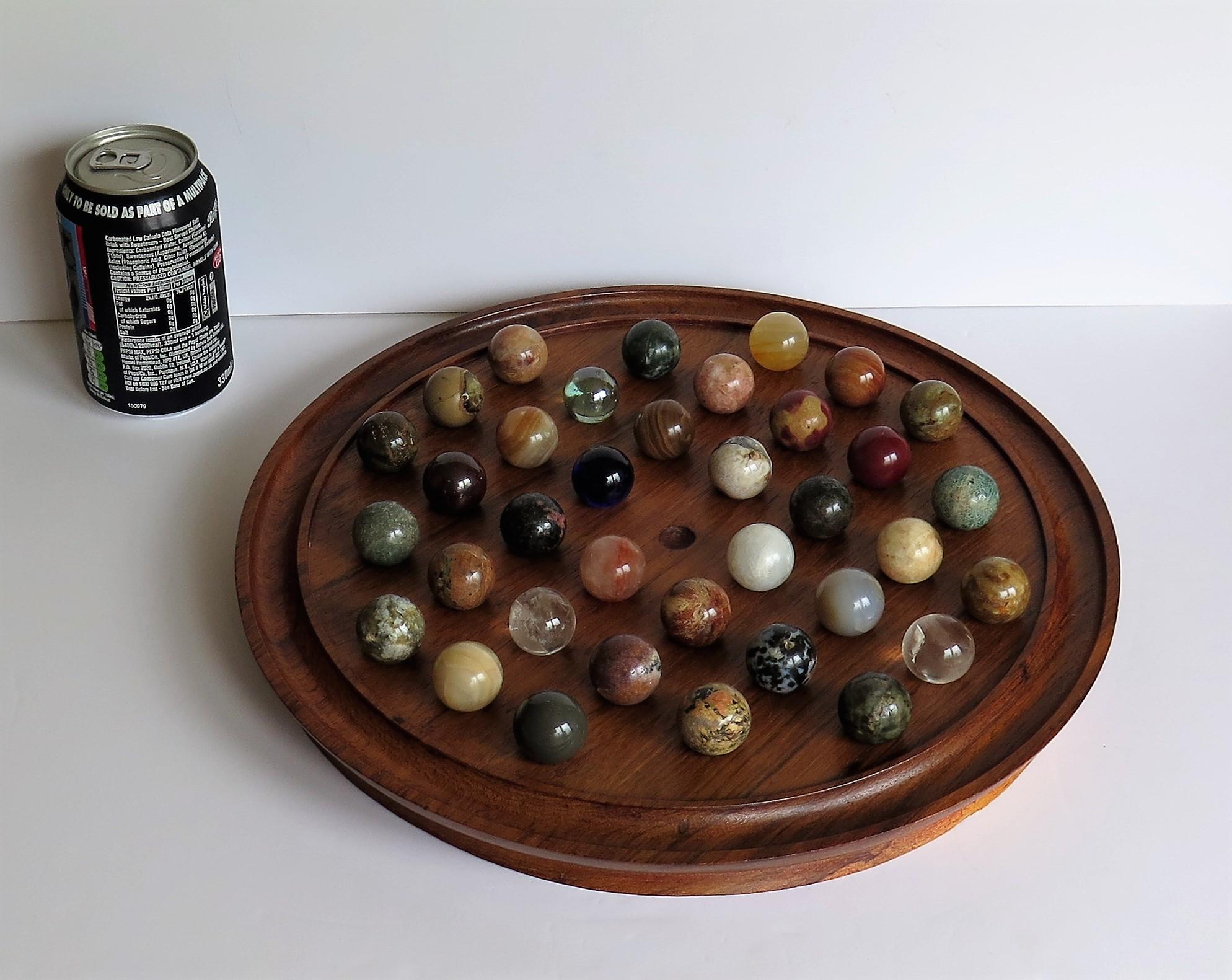 Fine Large Table Marble Solitaire Game with 36 Agate and Glass Marbles, French 10