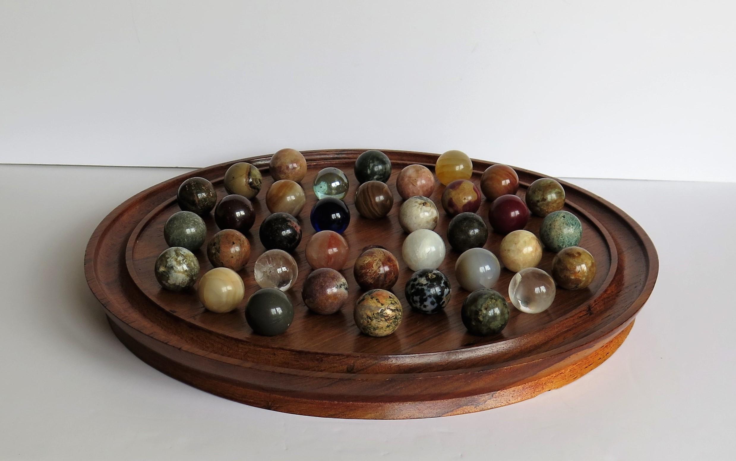 Edwardian Fine Large Table Marble Solitaire Game with 36 Agate and Glass Marbles, French 