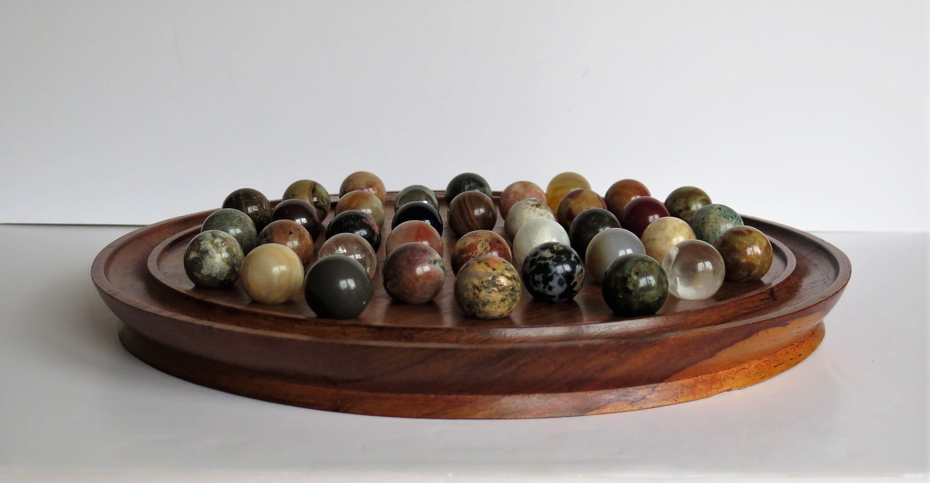 Hand-Crafted Fine Large Table Marble Solitaire Game with 36 Agate and Glass Marbles, French 
