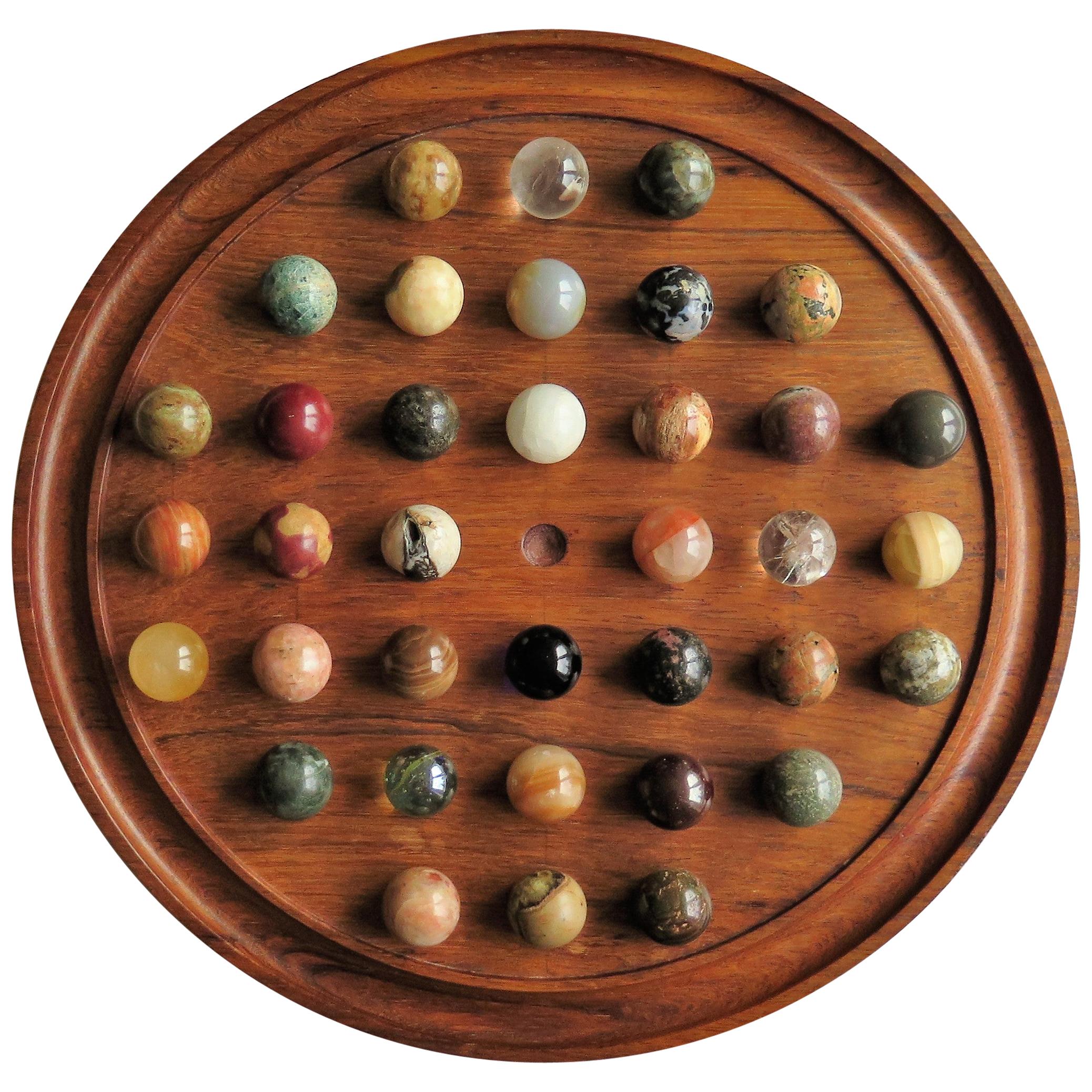 Fine Large Table Marble Solitaire Game with 36 Agate and Glass Marbles, French 