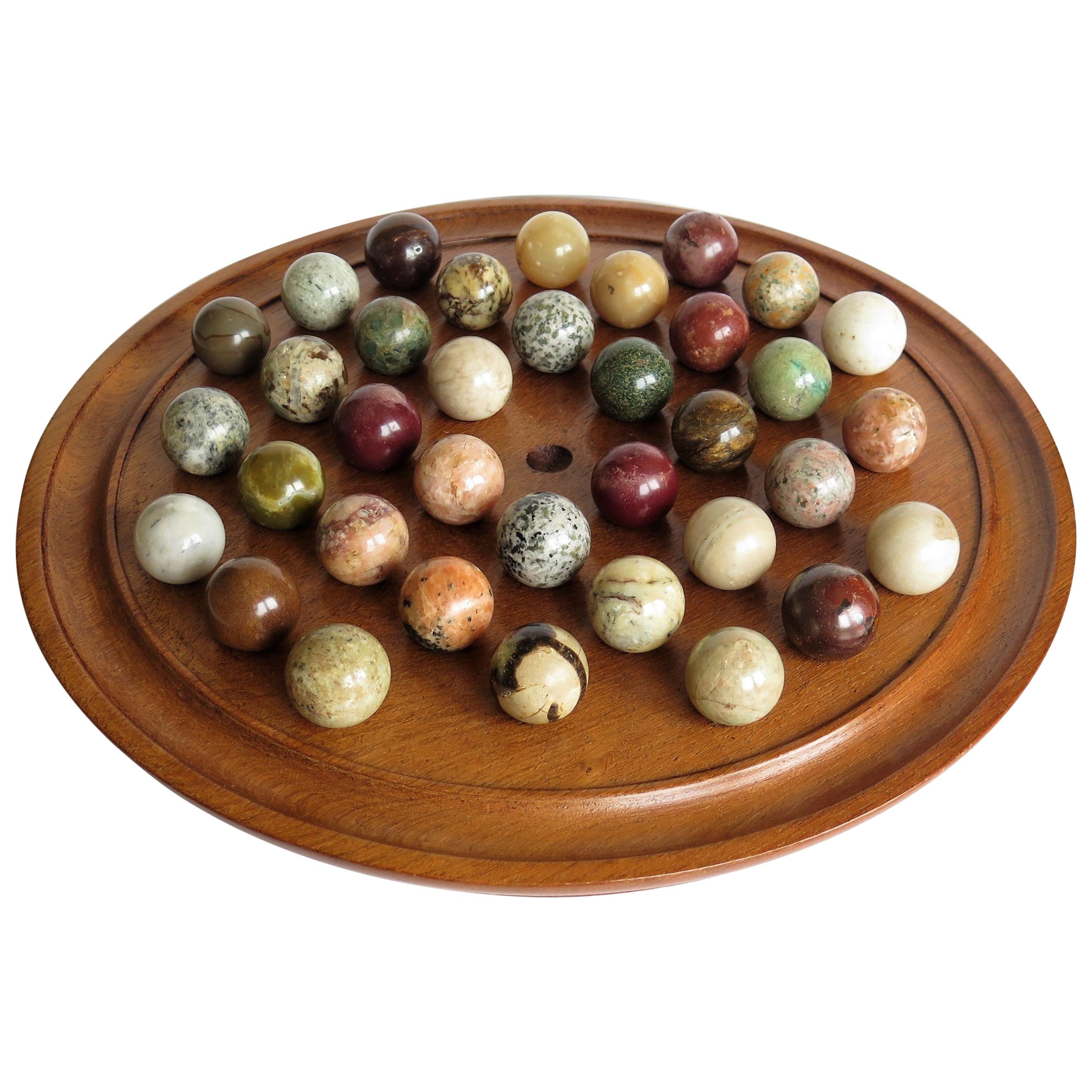 Fine Large Table Marble Solitaire Game with 36 Agate Marbles, Late 19th Century