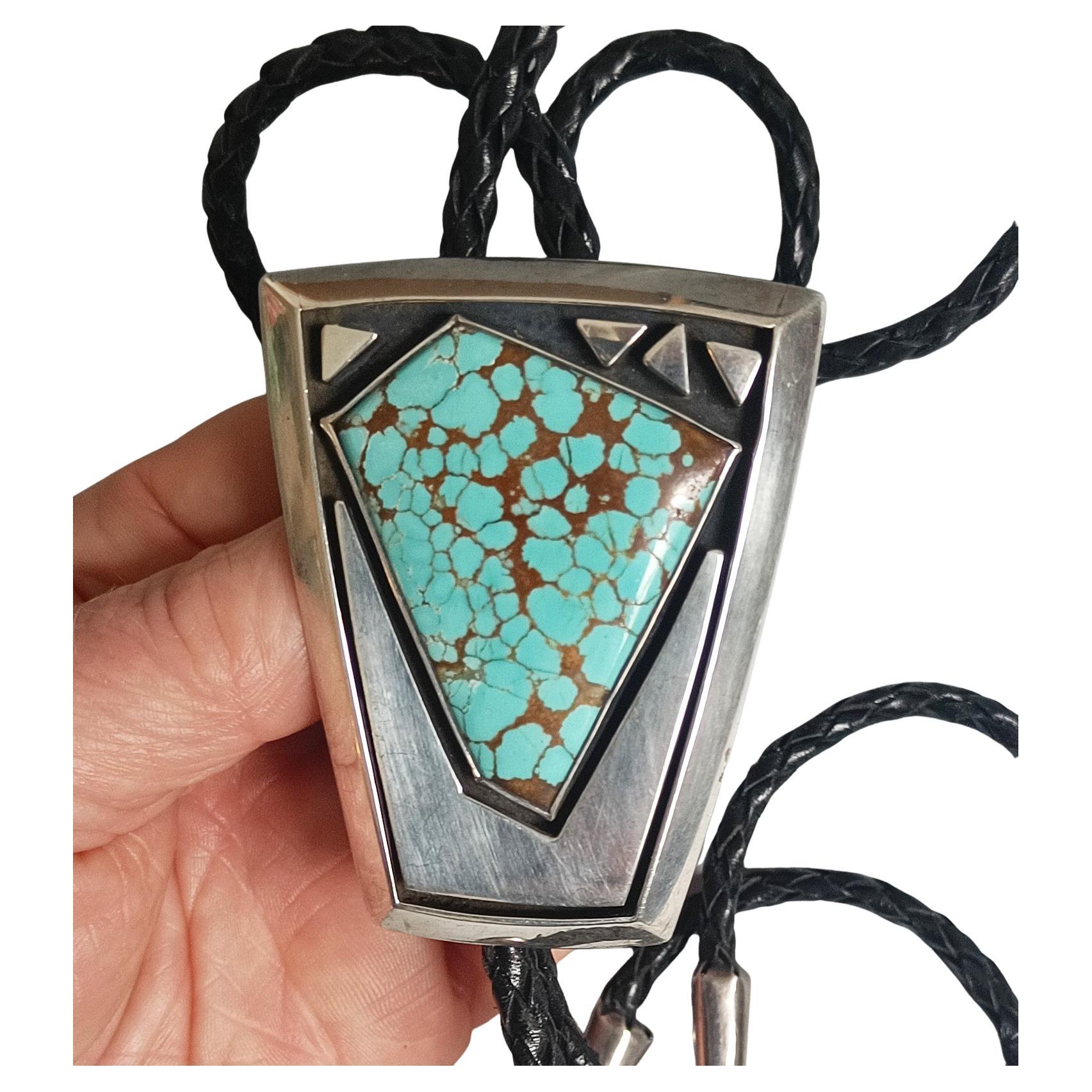 Fine large Vintage Native American Navajo Bolo Tie Sterling Turquoise