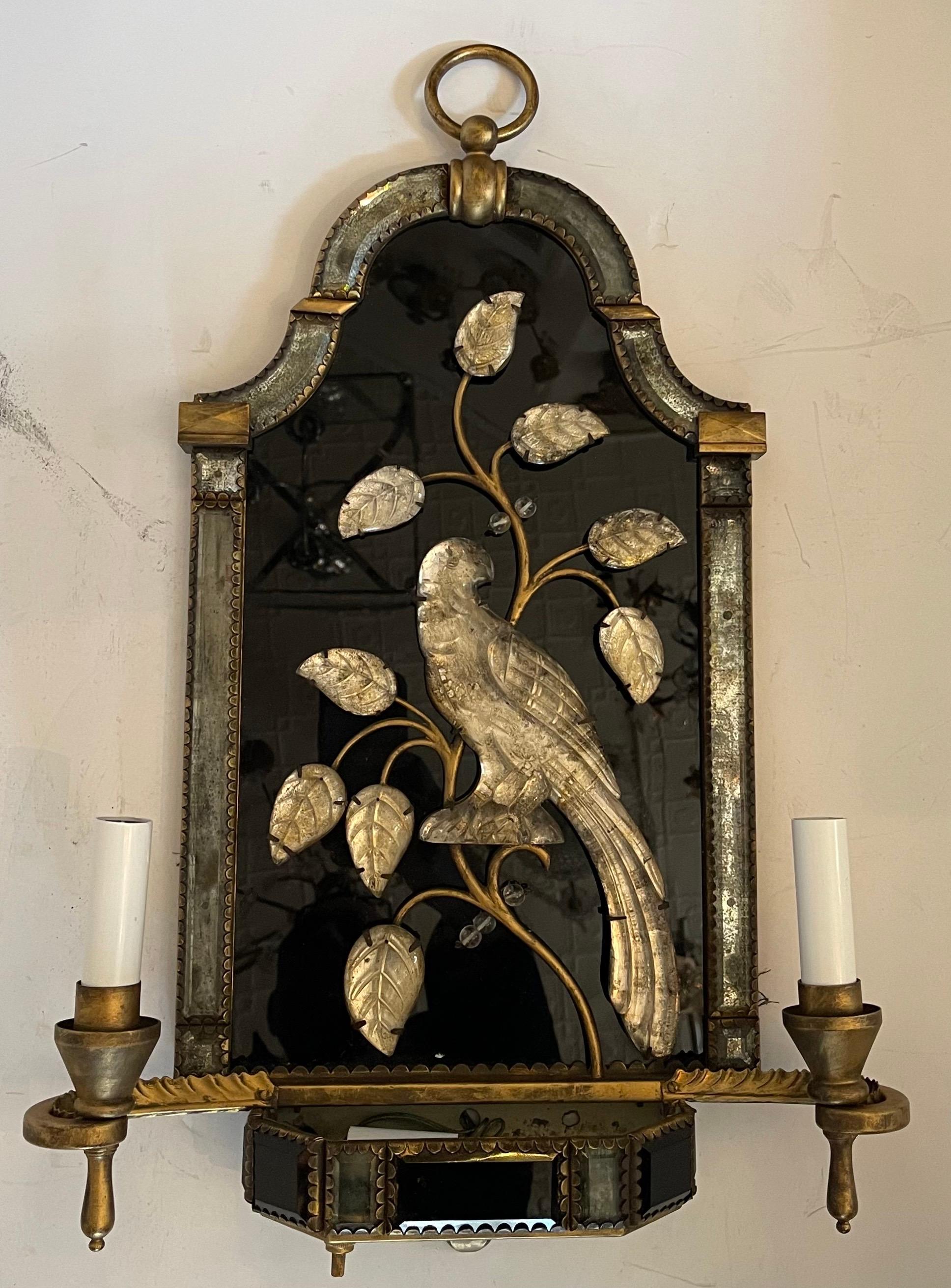 Belle Époque Fine Large Vintage Pair Maison Baguès Bronze Rock Crystal Bird Mirrored Sconces