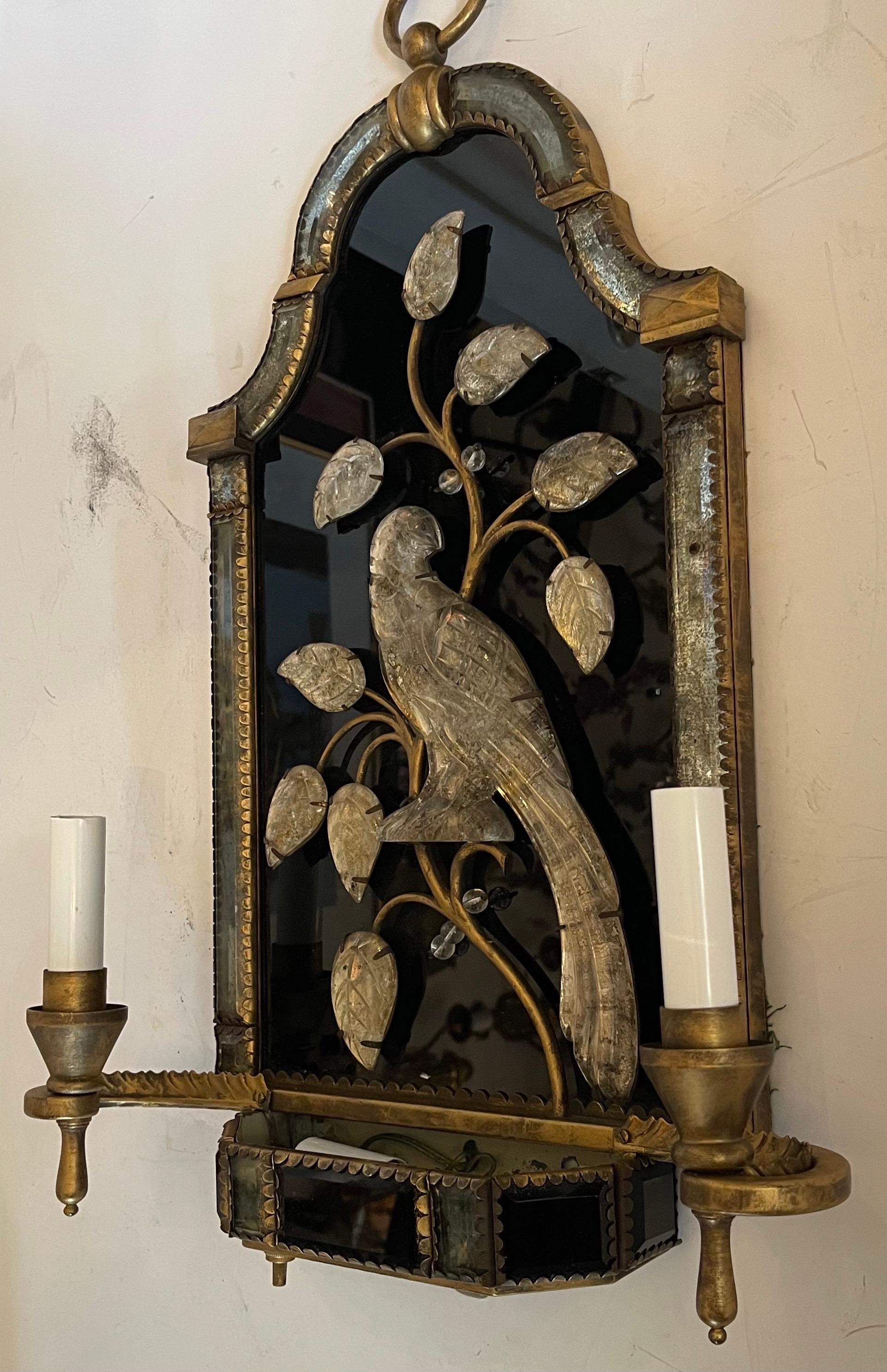 Gilt Fine Large Vintage Pair Maison Baguès Bronze Rock Crystal Bird Mirrored Sconces