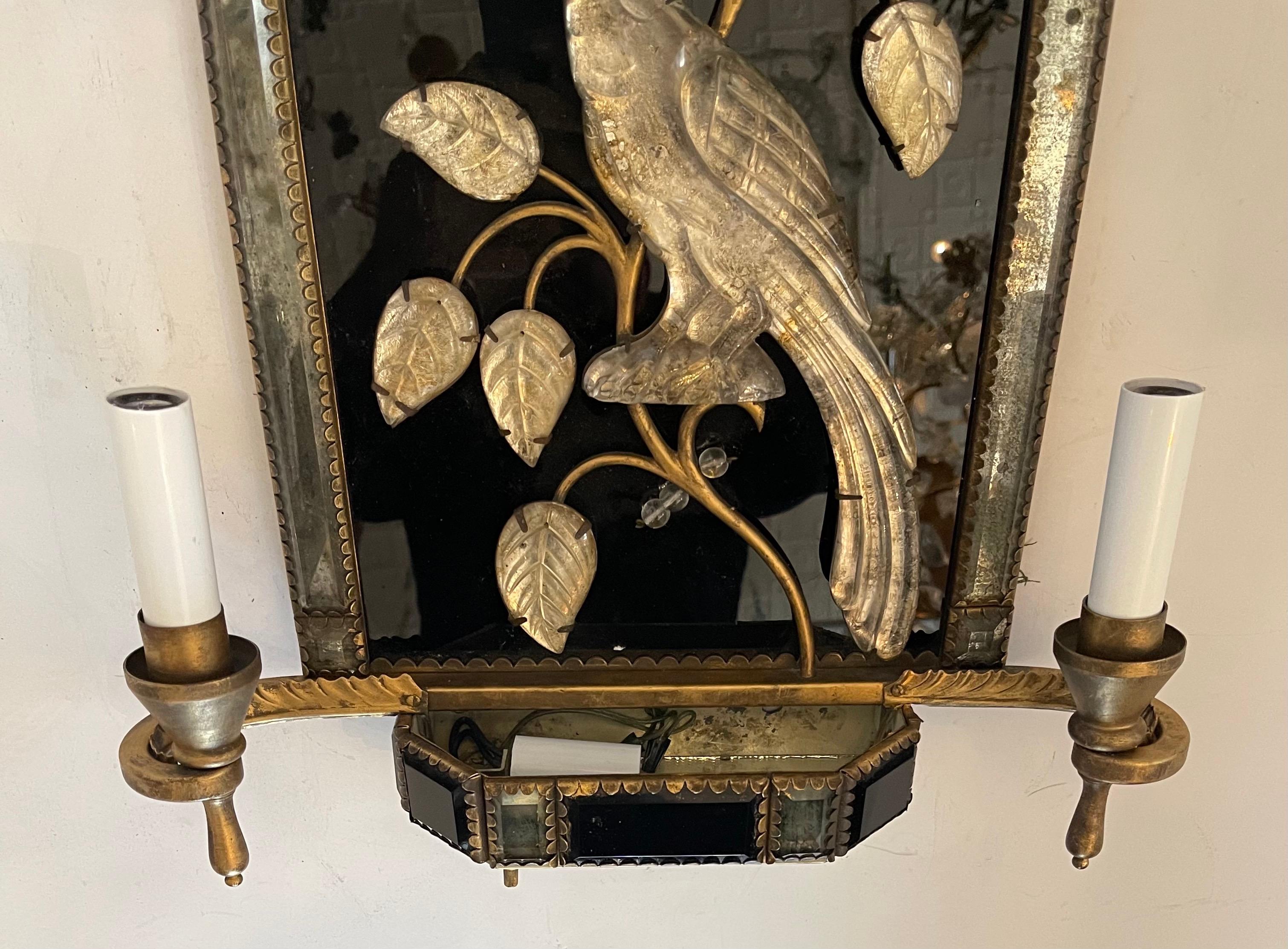 Fine Large Vintage Pair Maison Baguès Bronze Rock Crystal Bird Mirrored Sconces In Good Condition In Roslyn, NY