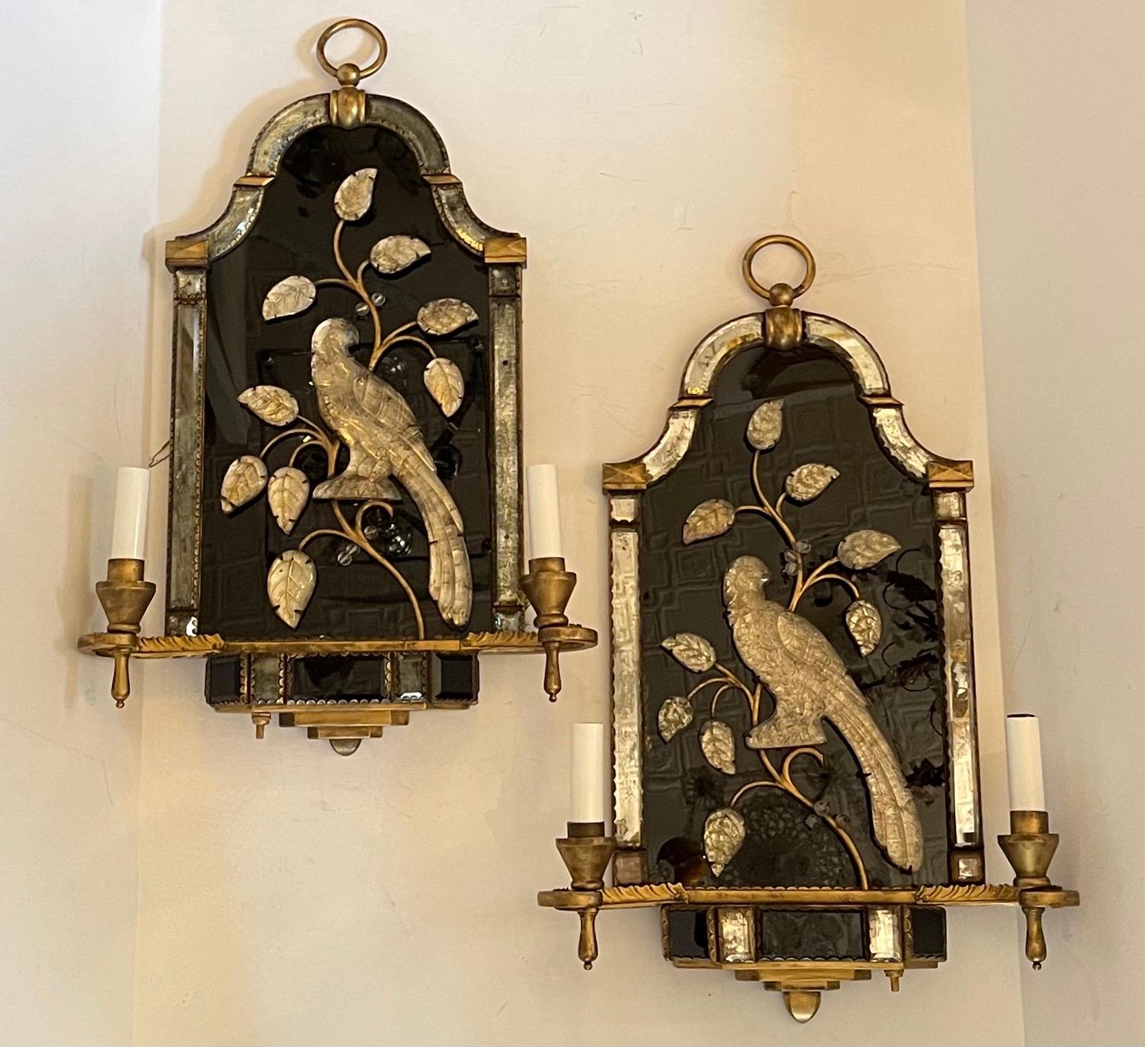 20th Century Fine Large Vintage Pair Maison Baguès Bronze Rock Crystal Bird Mirrored Sconces