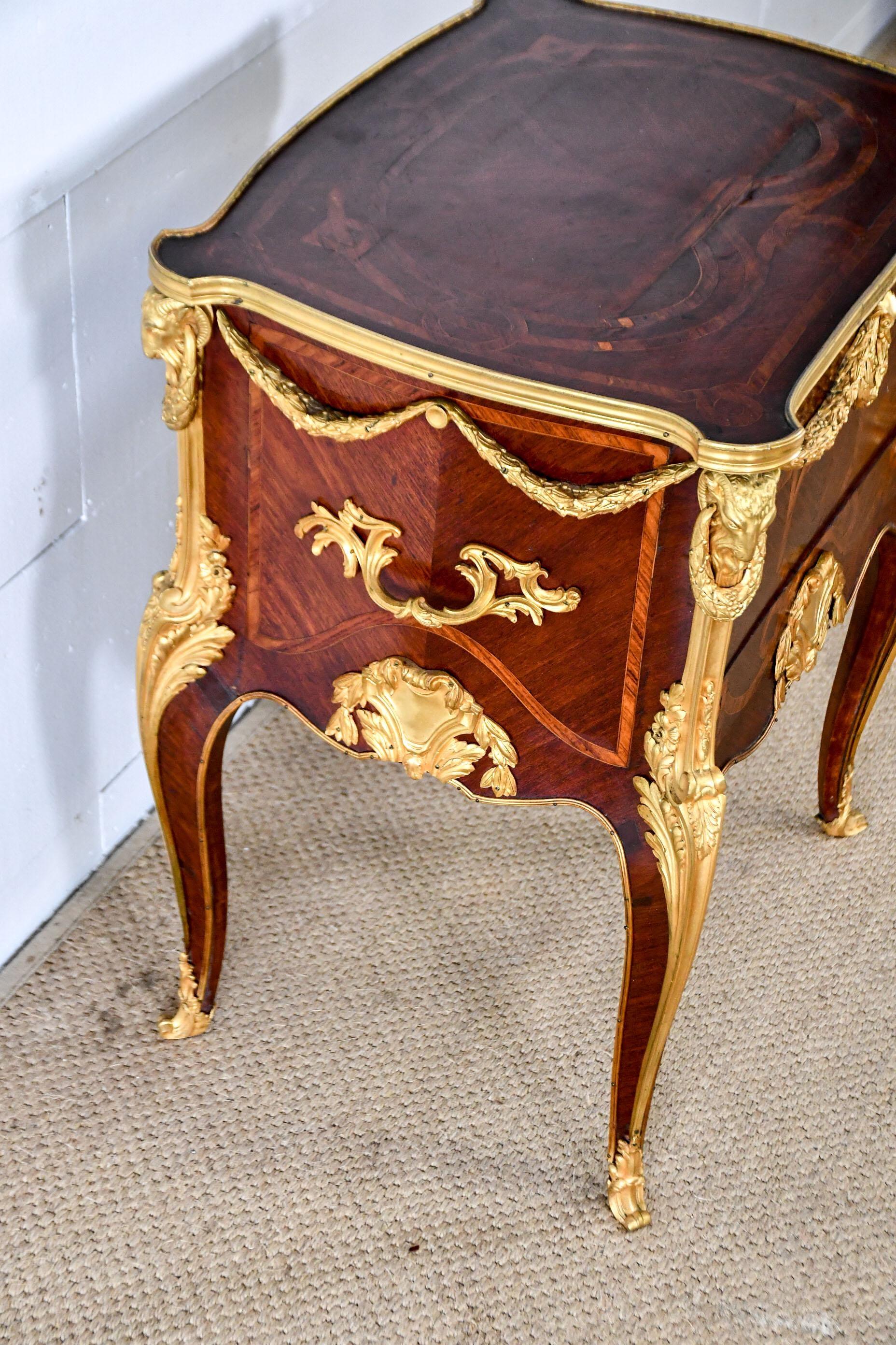 Fine late 19th century French Louis XVI mahogany and marquetry inlayed nightstand commode. Fine detailed gilt bronze mounts.