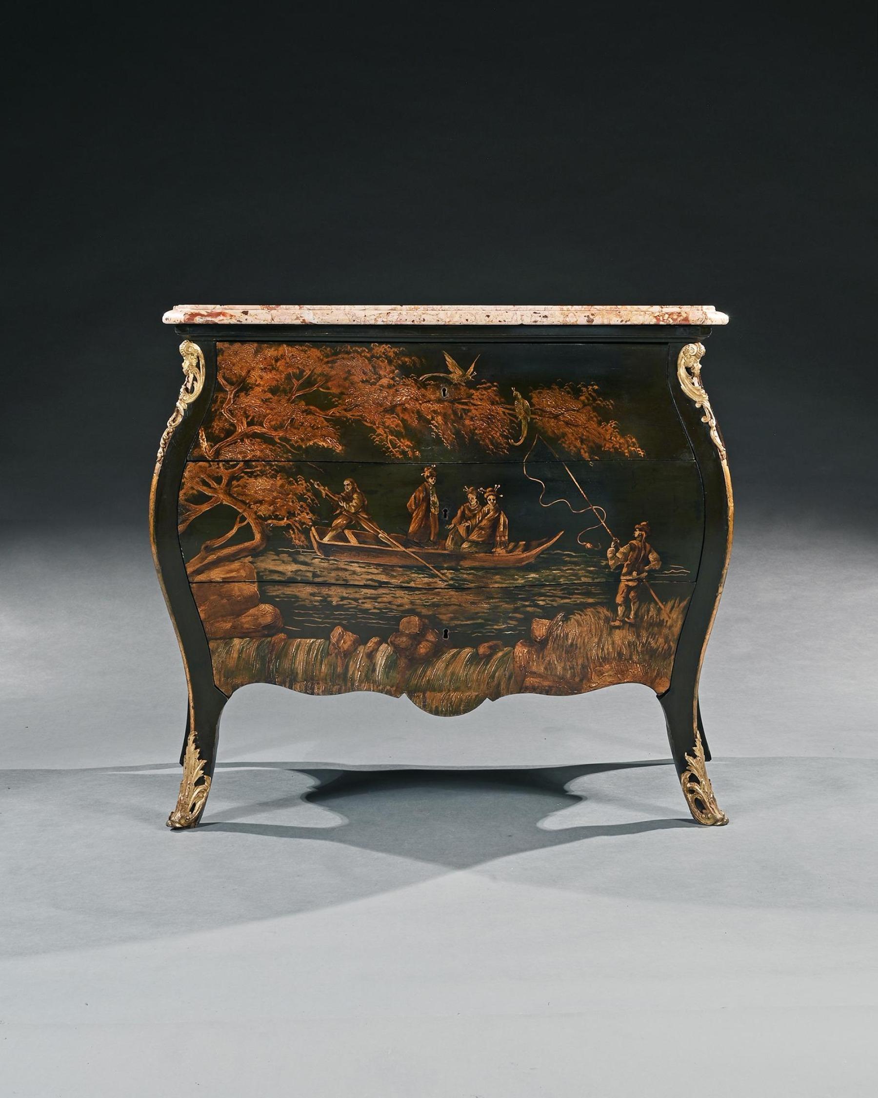 A Fine and Decorative Late 19th Century French Bombe Commode with Painted or 