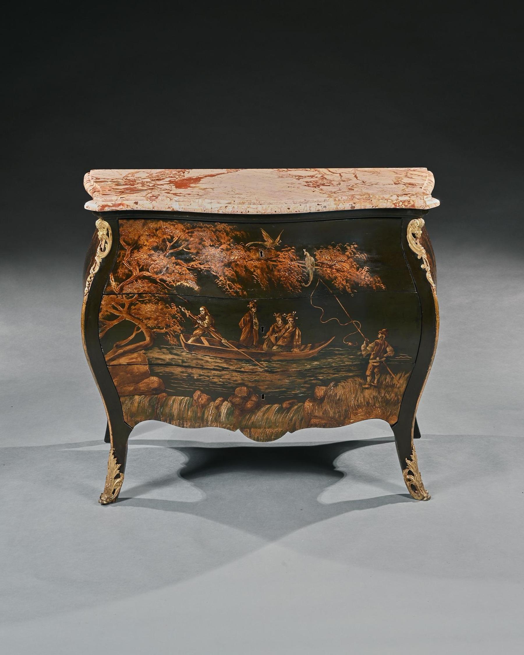 Fine Late 19th Century Decorative Chinoiserie French Marble Topped Bombe Commode In Good Condition In Benington, Herts