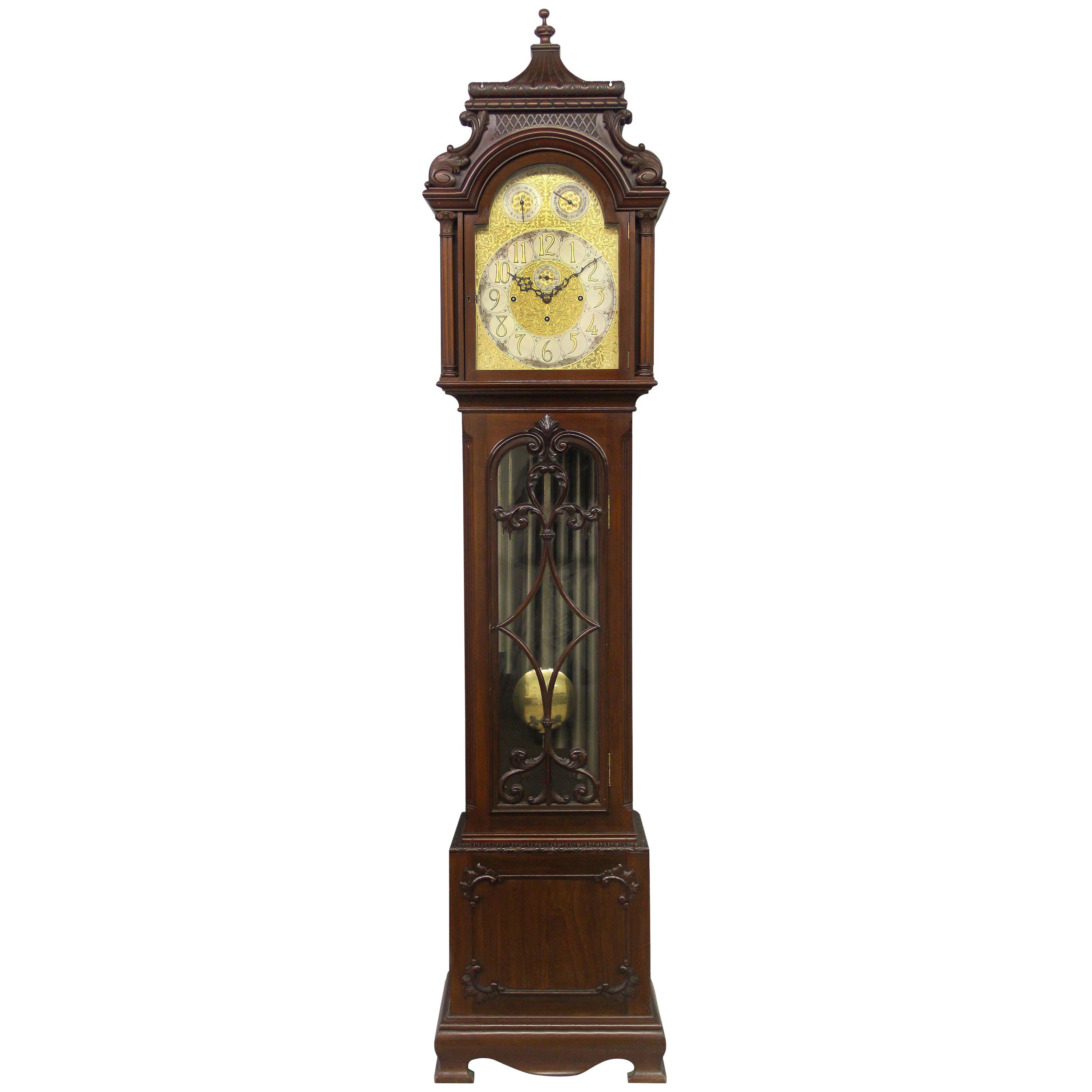 Fine Late 19th Century English Carved Nine Tube Longcase Grandfather Clock