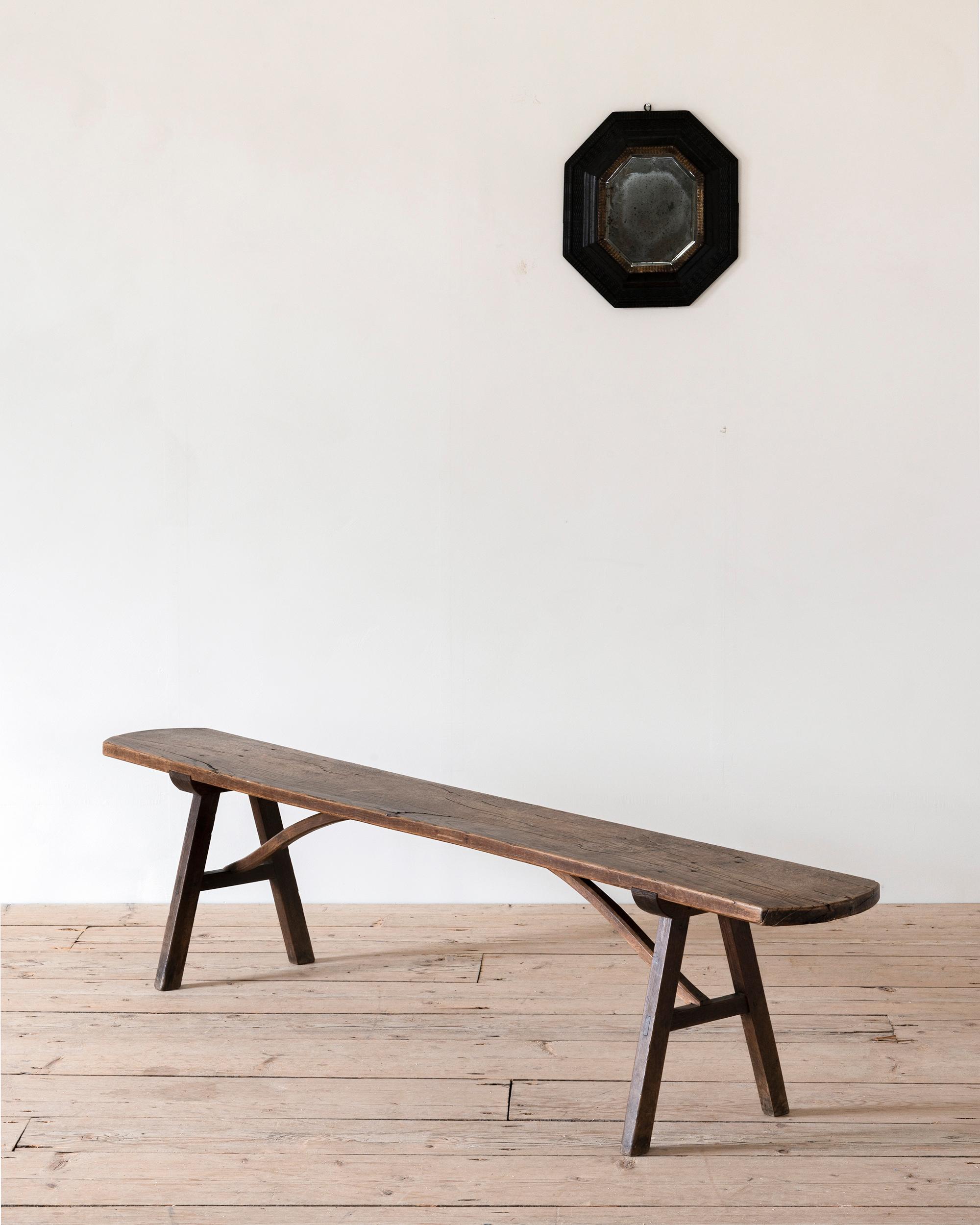 fine late 19th century French wooden bench with an great original surface and shape. Ca 1890 France. 