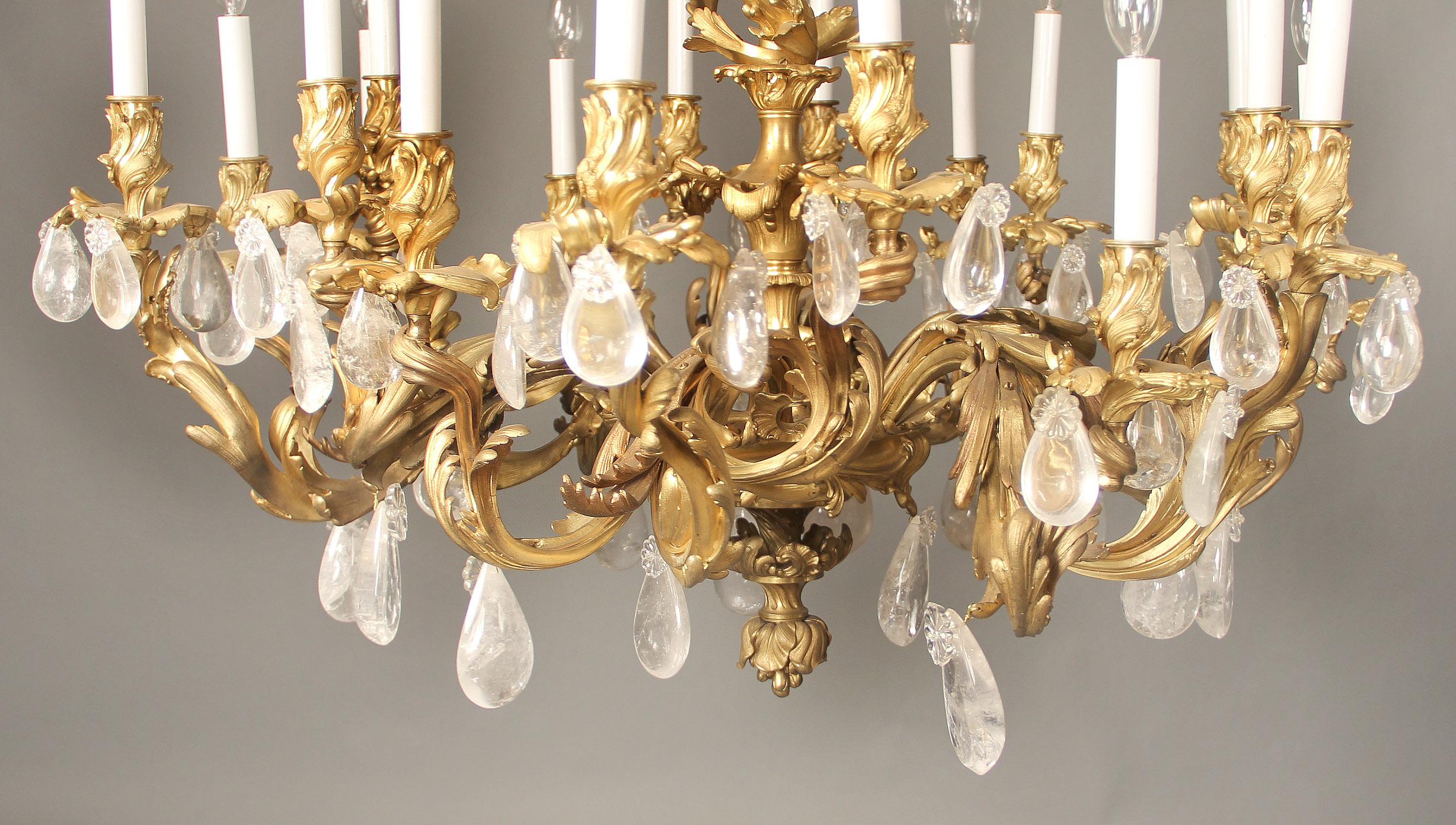 Fine Late 19th Century Gilt Bronze and Rock Crystal Eighteen Light Chandelier In Good Condition For Sale In New York, NY