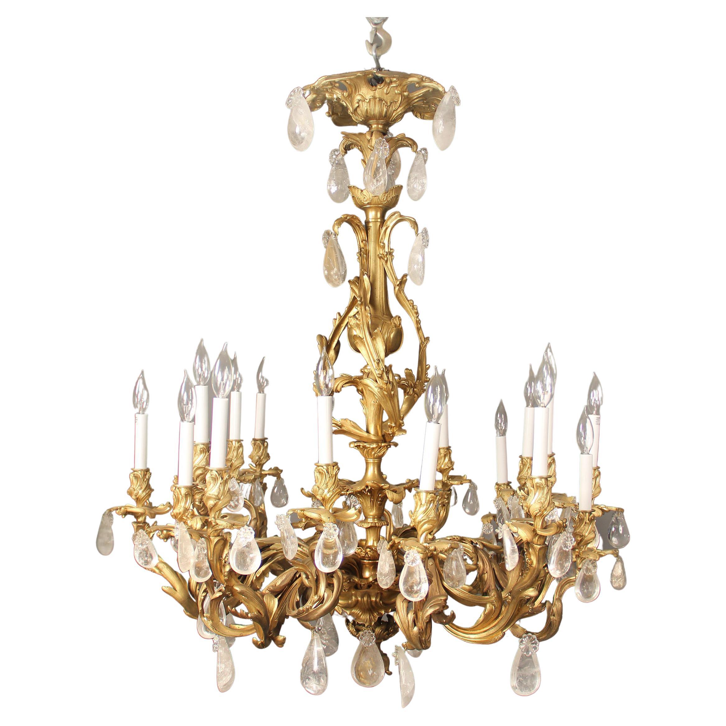 Fine Late 19th Century Gilt Bronze and Rock Crystal Eighteen Light Chandelier