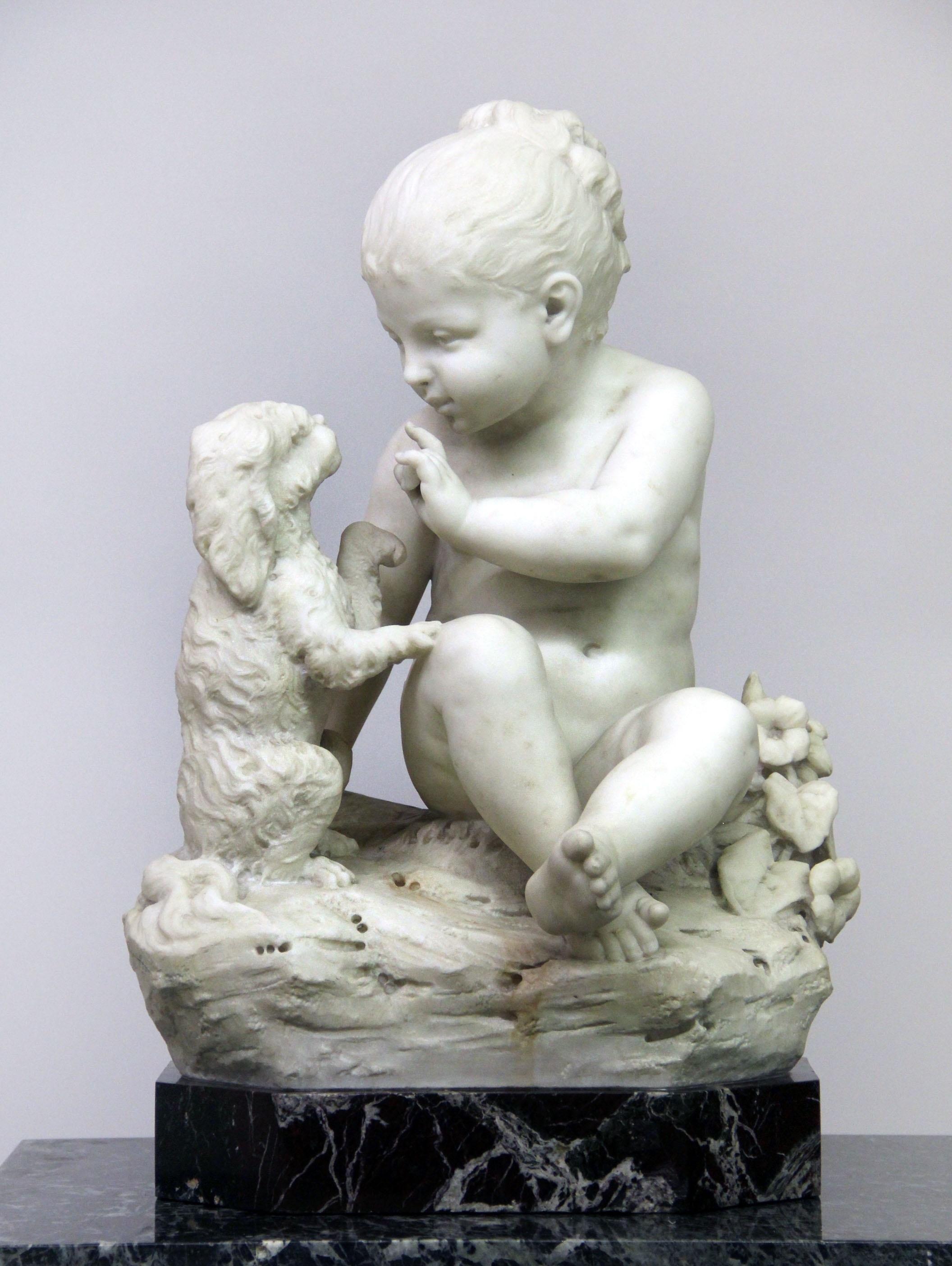 Un pregiato marmo bianco di Carrara della fine del XIX secolo raffigurante un bambino e un cane


Un bambino seduto che addestra il proprio cane, su una base di marmo rosso.

Dettagli:
Altezza - 23 pollici / 58 cm
Larghezza - 14 pollici / 36