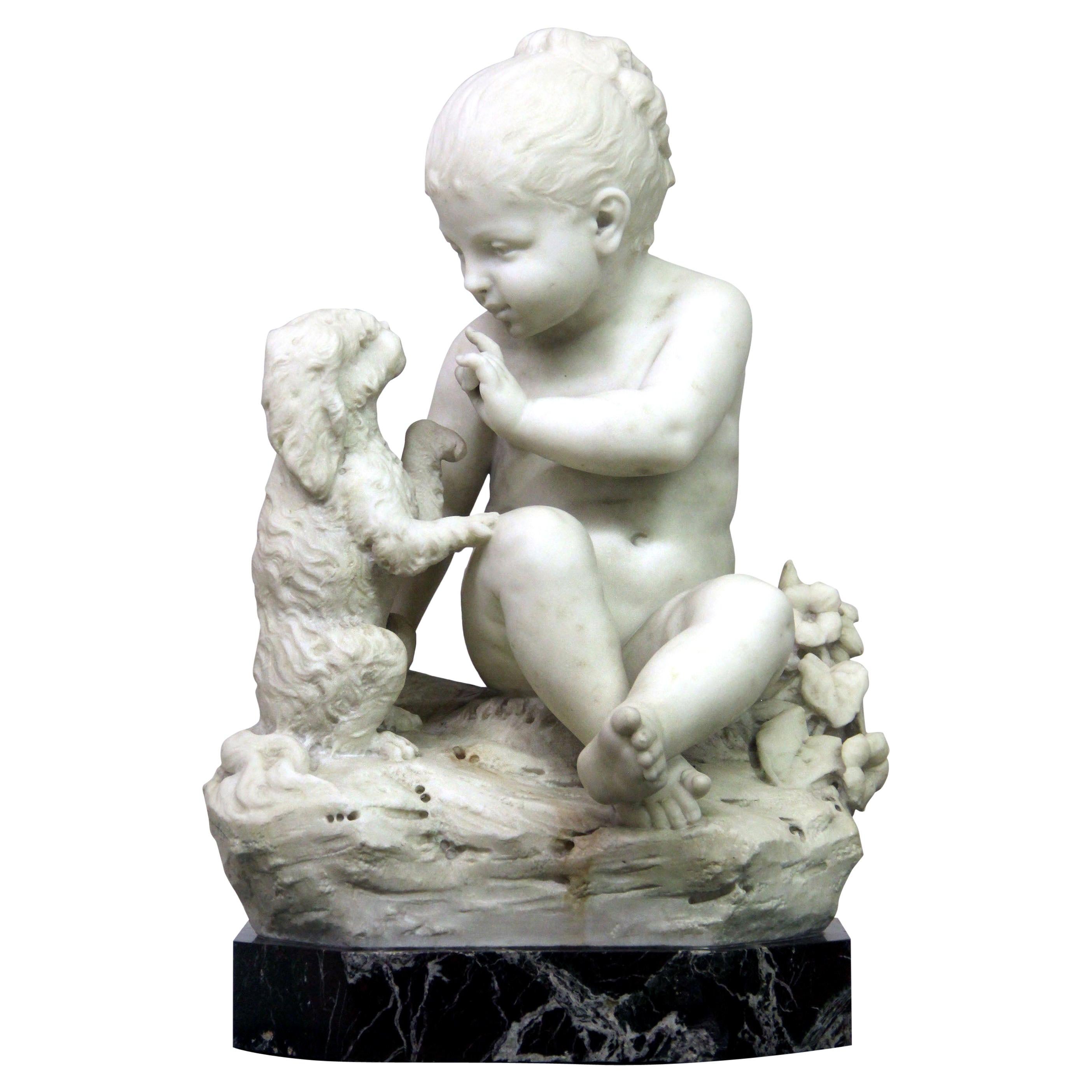 Skulptur aus feinem italienischem weißem Carrara-Marmor, Kind und Hund, spätes 19. Jahrhundert