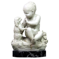 Fino mármol blanco de Carrara italiano de finales del siglo XIX de un niño y un perro