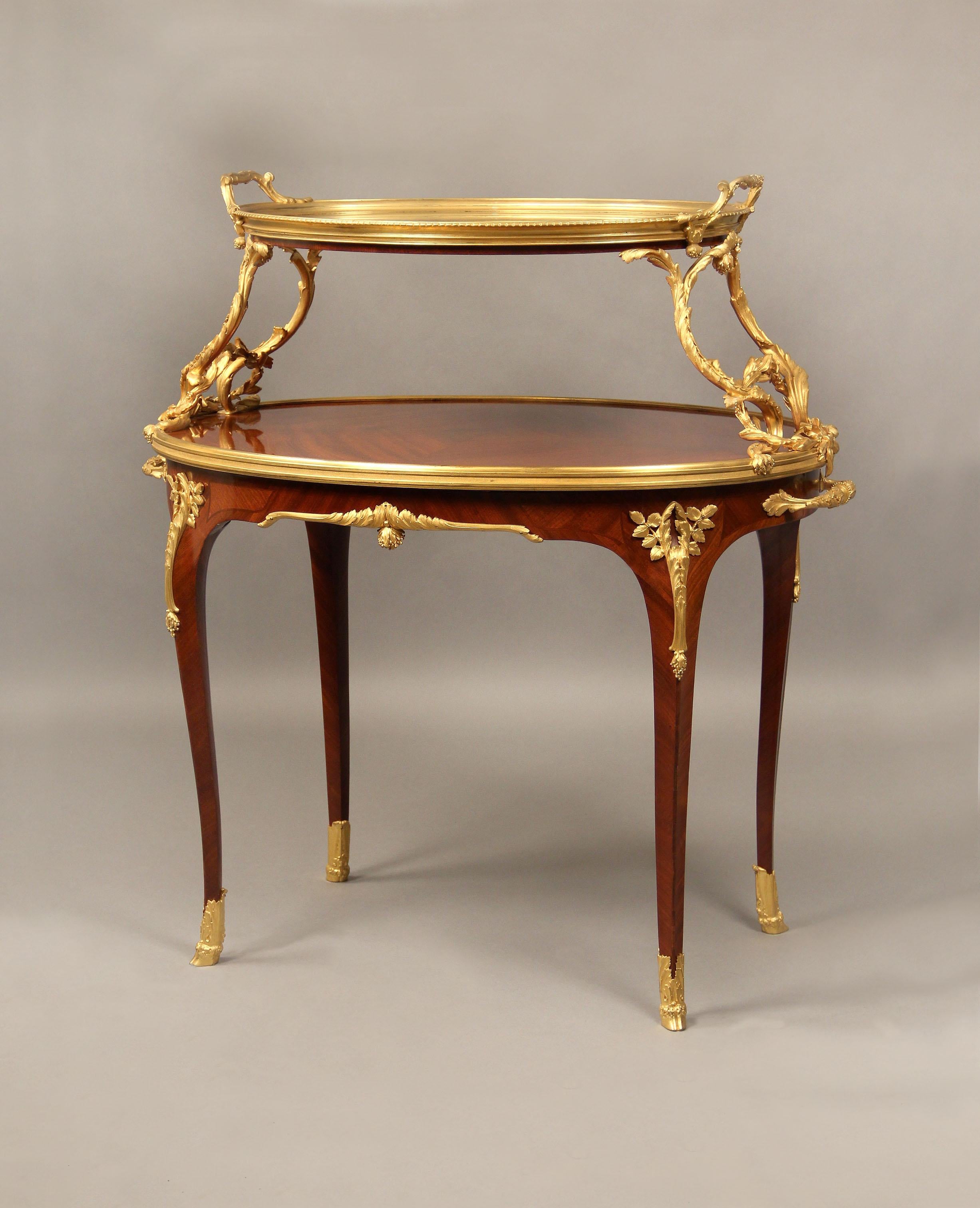 Table à thé à deux niveaux de style Louis XV, montée sur bronze doré, de la fin du XIXe siècle, par Paul Sormani

Paul Sormani

Le plateau supérieur ovale est surmonté d'un plateau de verre amovible encadré de bronze et maintenu de chaque côté par