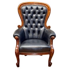 Fine Late 19th Century Victorian Show Framed Black Leather Gentleman's Armchair