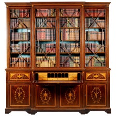 Fine Late Victorian Mahogany and Inlaid Sheraton Revival Breakfront Bookcase