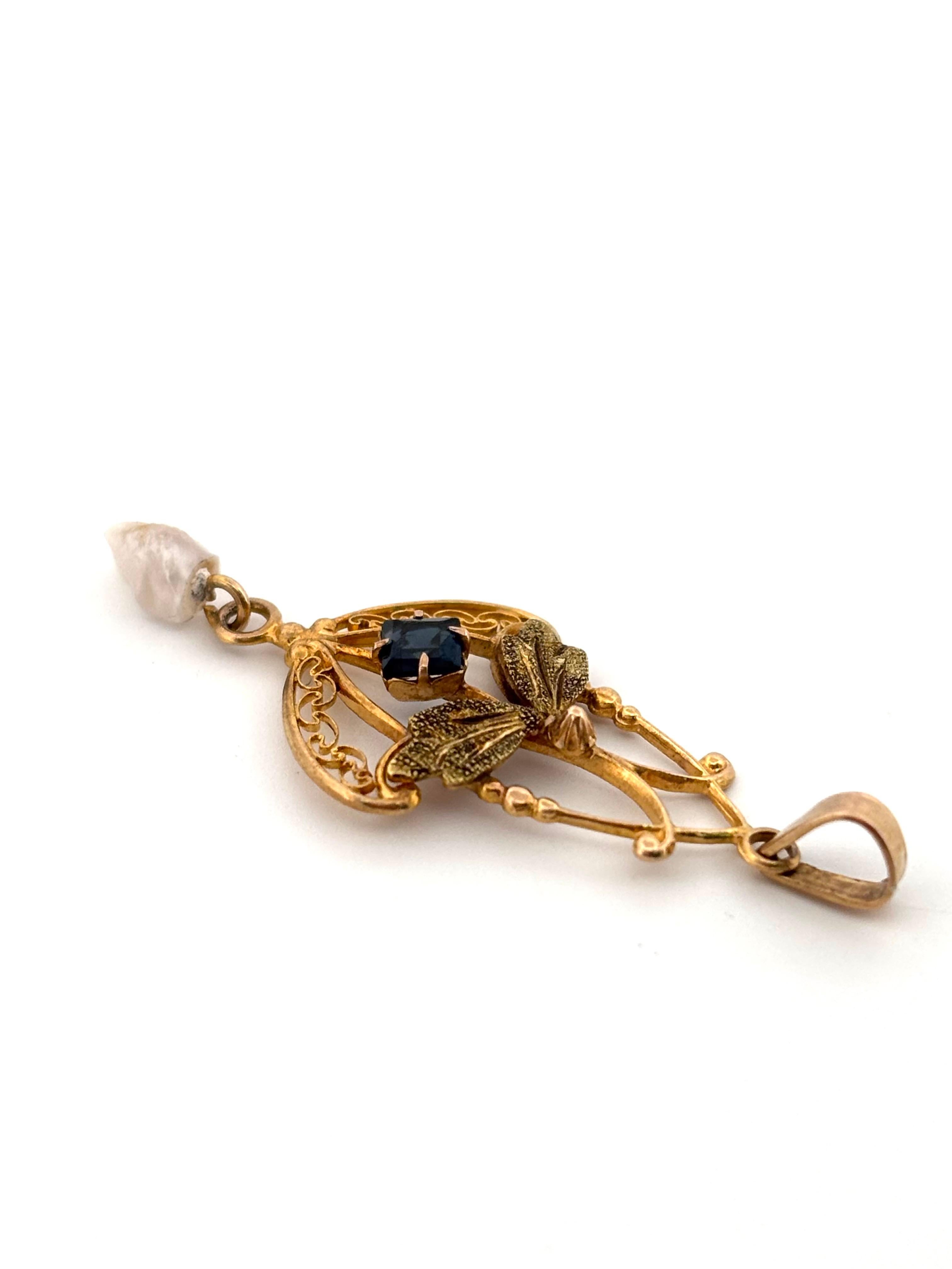 Ciondolo per collana di perle con zaffiro blu taglio quadrato in oro giallo 10 carati in vendita 2