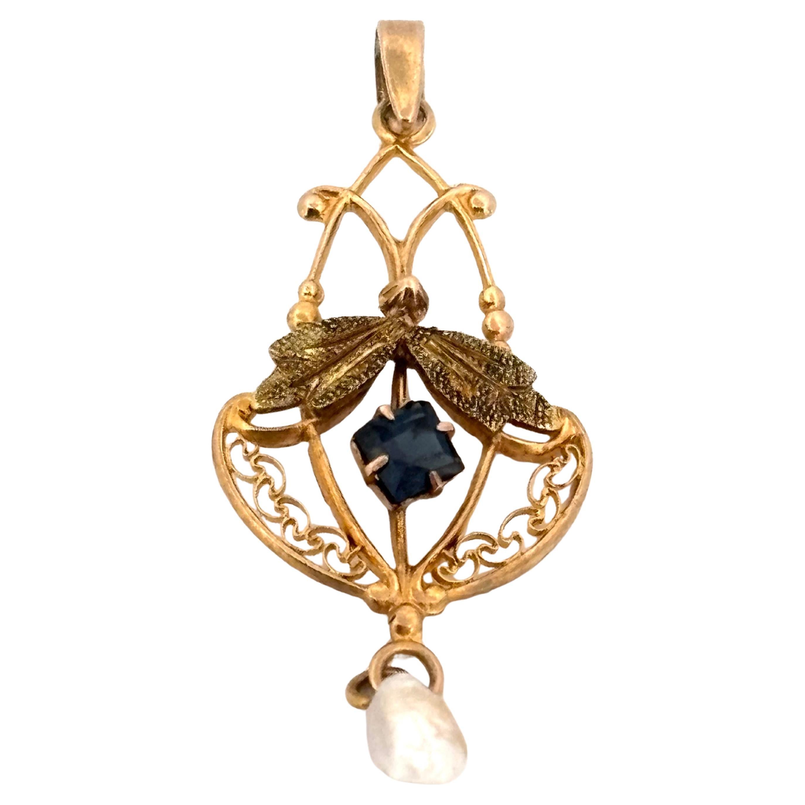 Ciondolo per collana di perle con zaffiro blu taglio quadrato in oro giallo 10 carati in vendita