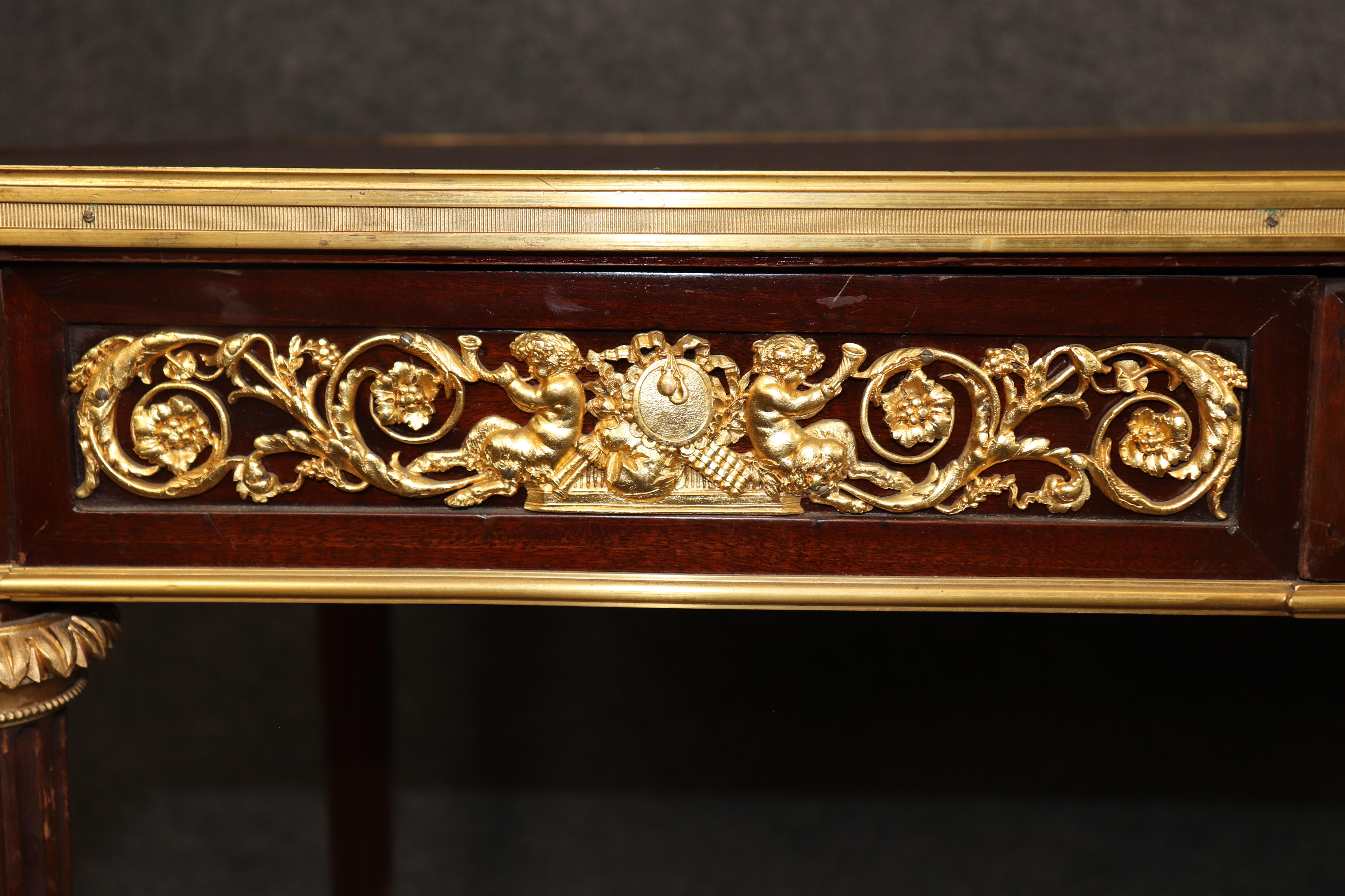 Fine Leather Top Dore' Bronze Ormolu French Louis XVI Desk Theodore Millet In Good Condition For Sale In Swedesboro, NJ