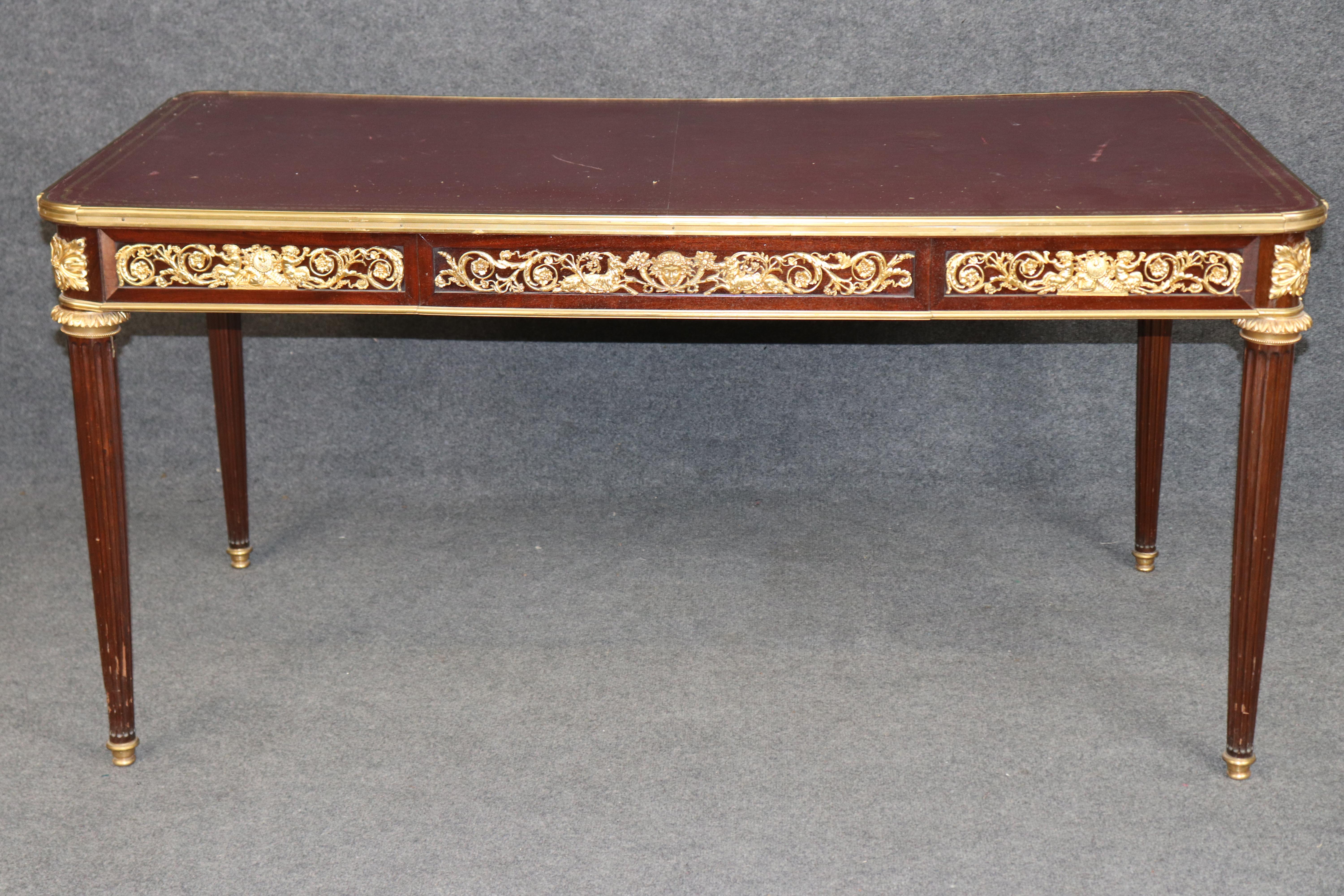 Brass Fine Leather Top Dore' Bronze Ormolu French Louis XVI Desk Theodore Millet For Sale