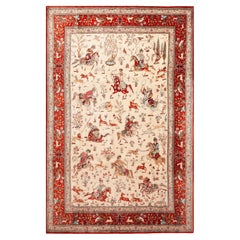 Fine Light Luxurious Silk Vintage Hunting Scene Persian Qum Rug 6'10" x 10'3"