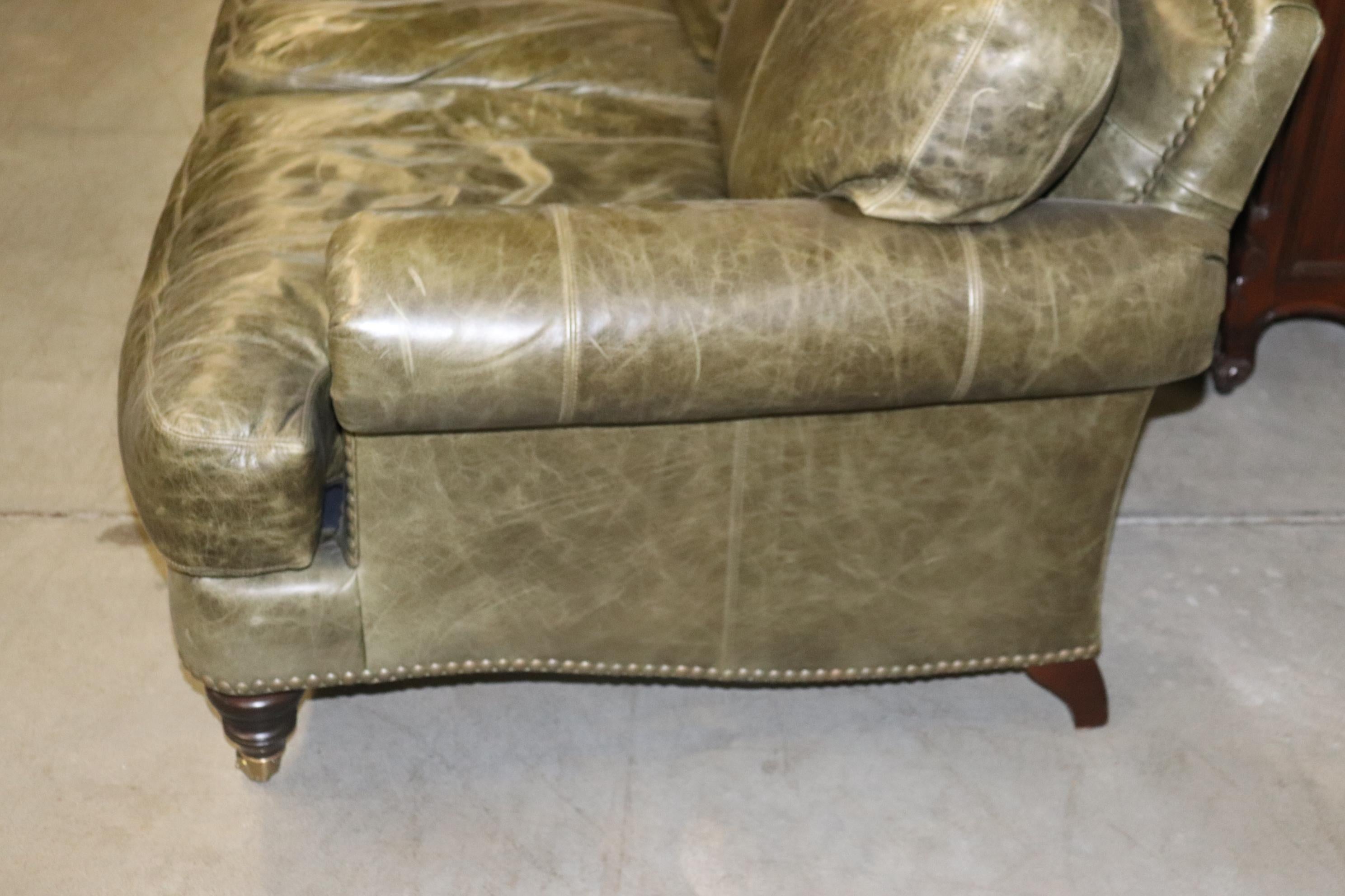 Fine Lillian August Distressed Green Leather Edwardian Sofa 5