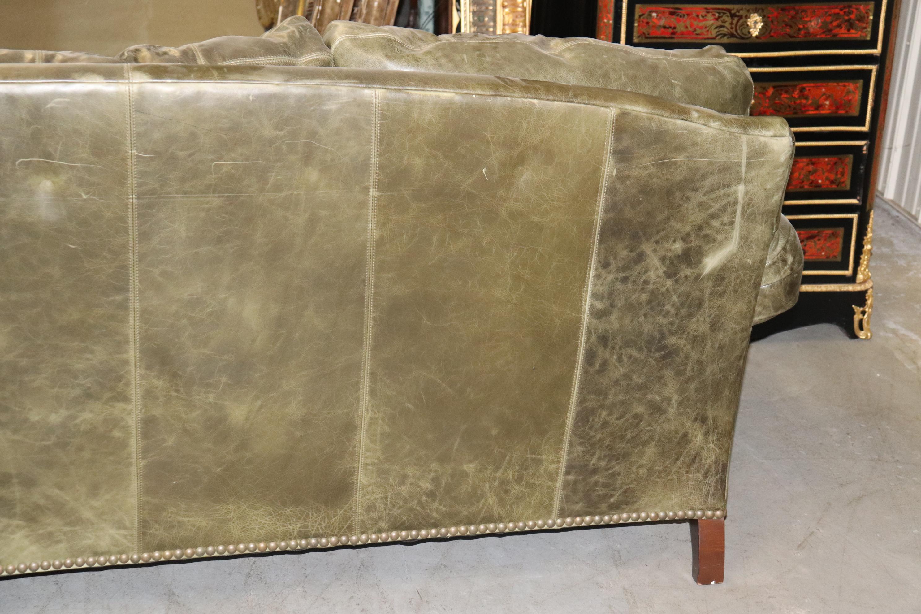 Fine Lillian August Distressed Green Leather Edwardian Sofa 10