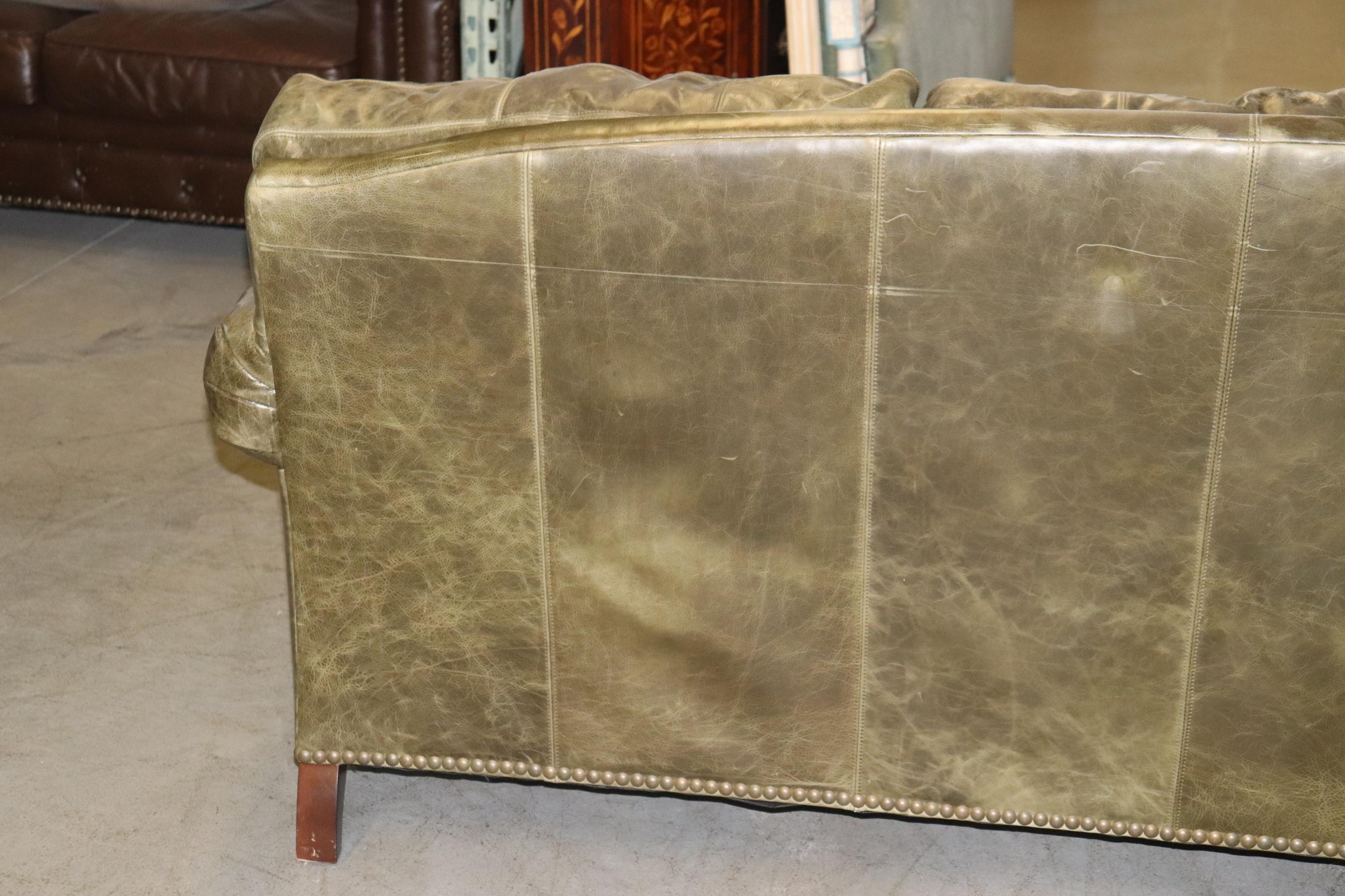 Fine Lillian August Distressed Green Leather Edwardian Sofa 12