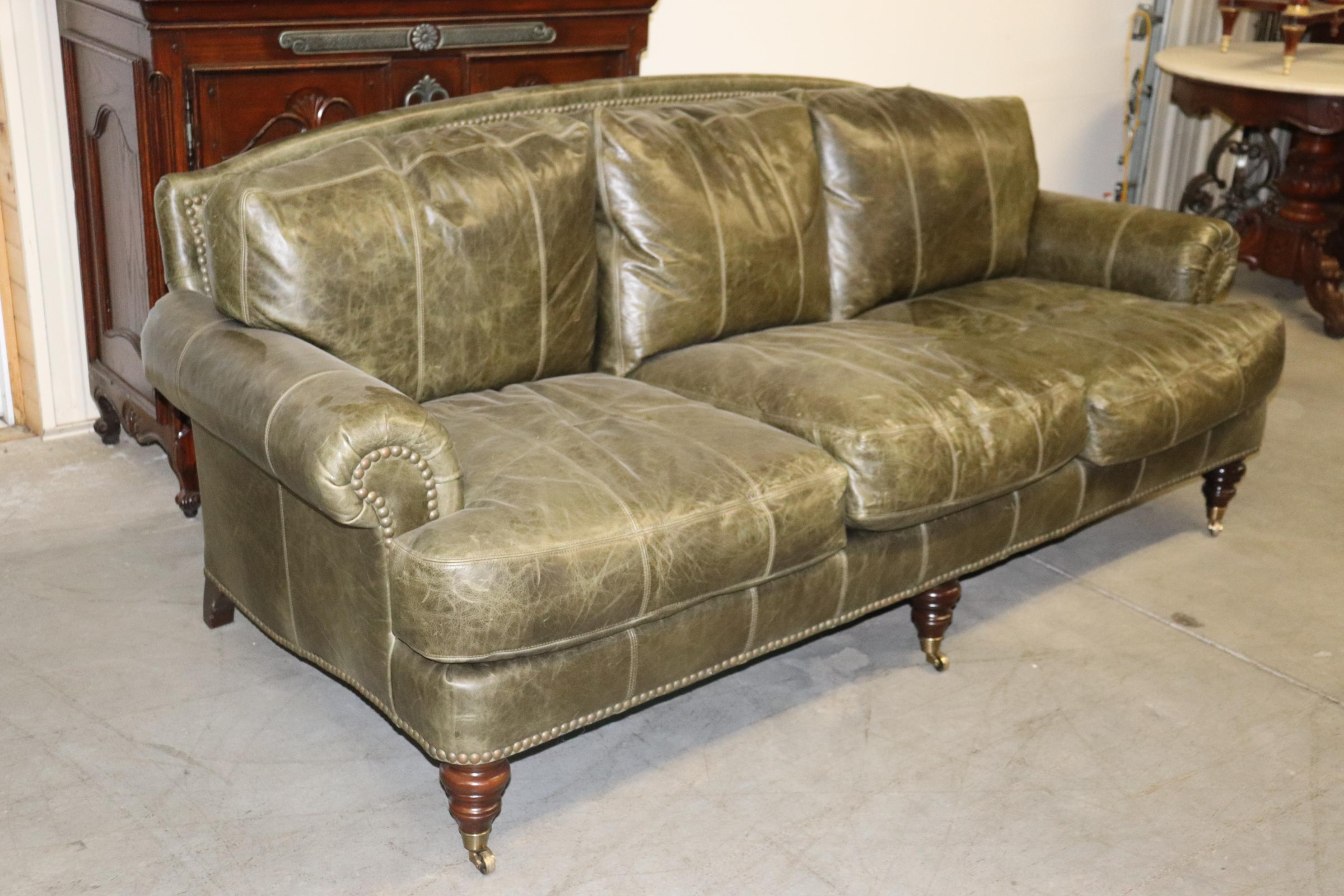 Unknown Fine Lillian August Distressed Green Leather Edwardian Sofa