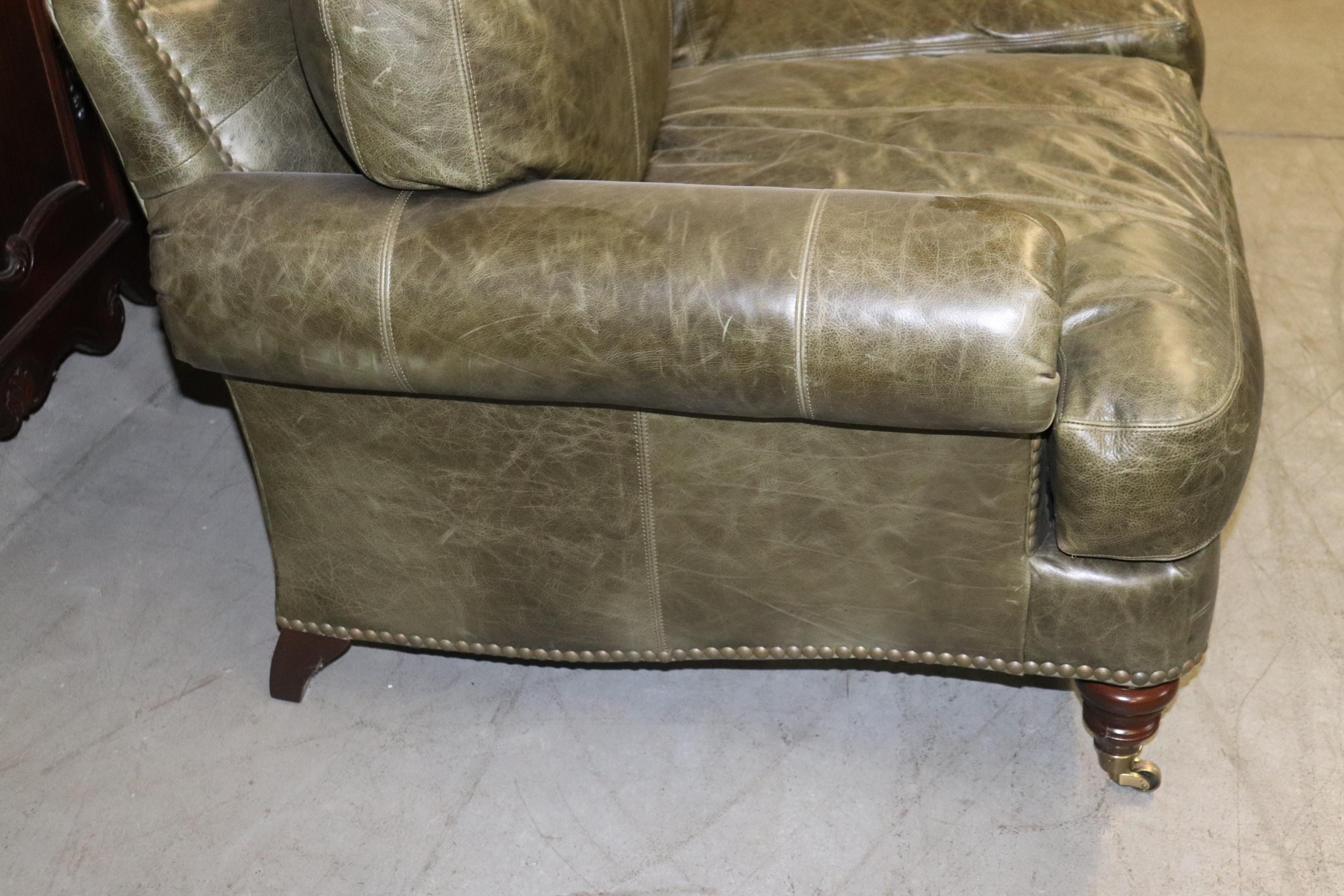 Late 20th Century Fine Lillian August Distressed Green Leather Edwardian Sofa