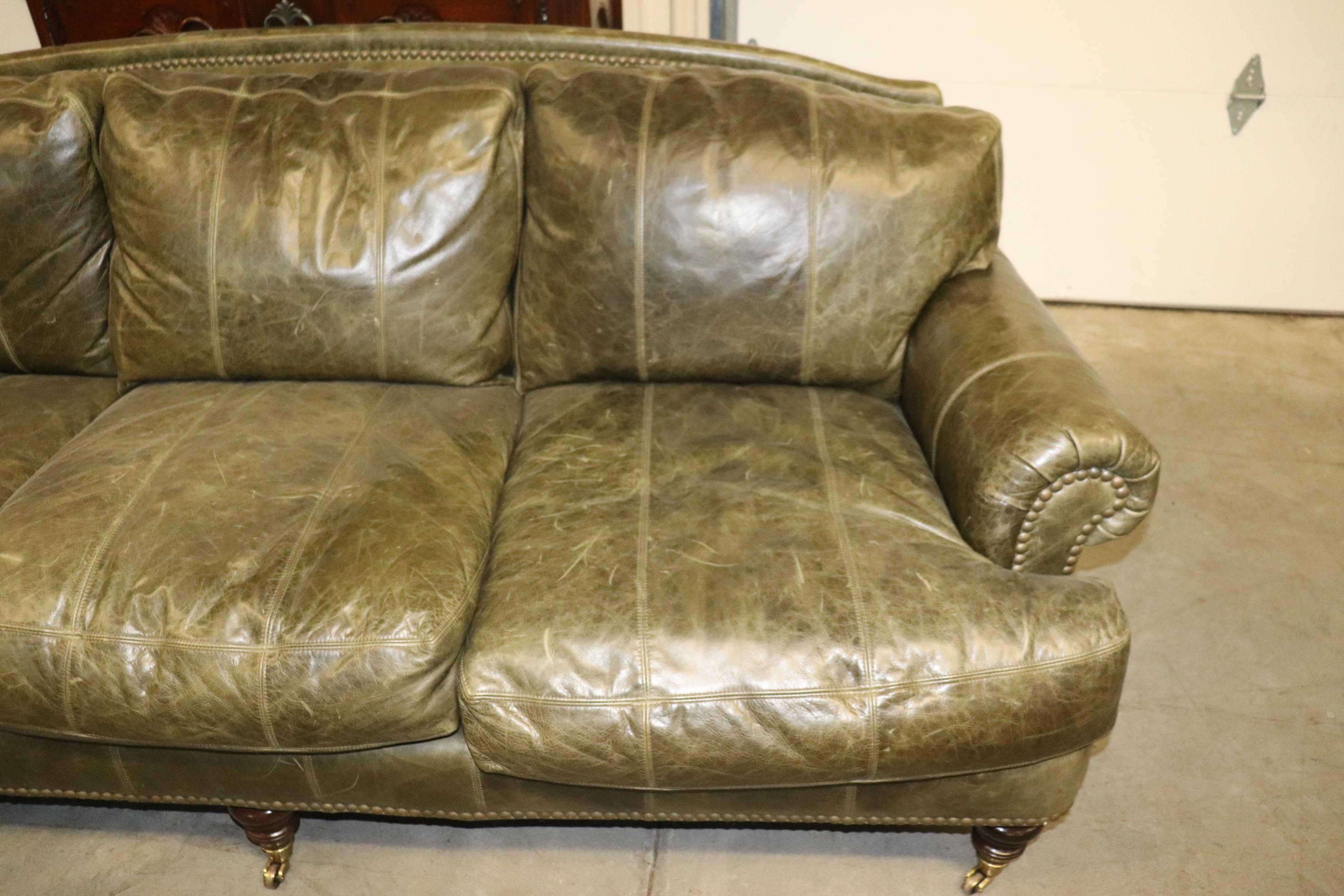 Fine Lillian August Distressed Green Leather Edwardian Sofa 1