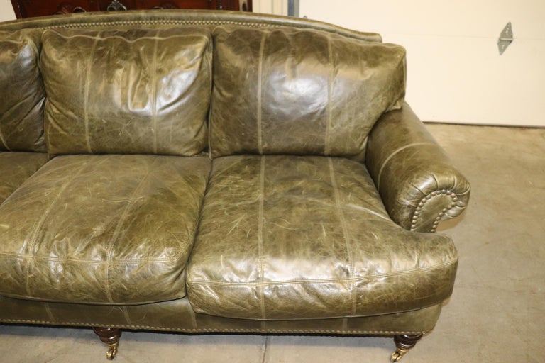 Fine Lillian August Distressed Green Leather Edwardian Sofa at 1stDibs