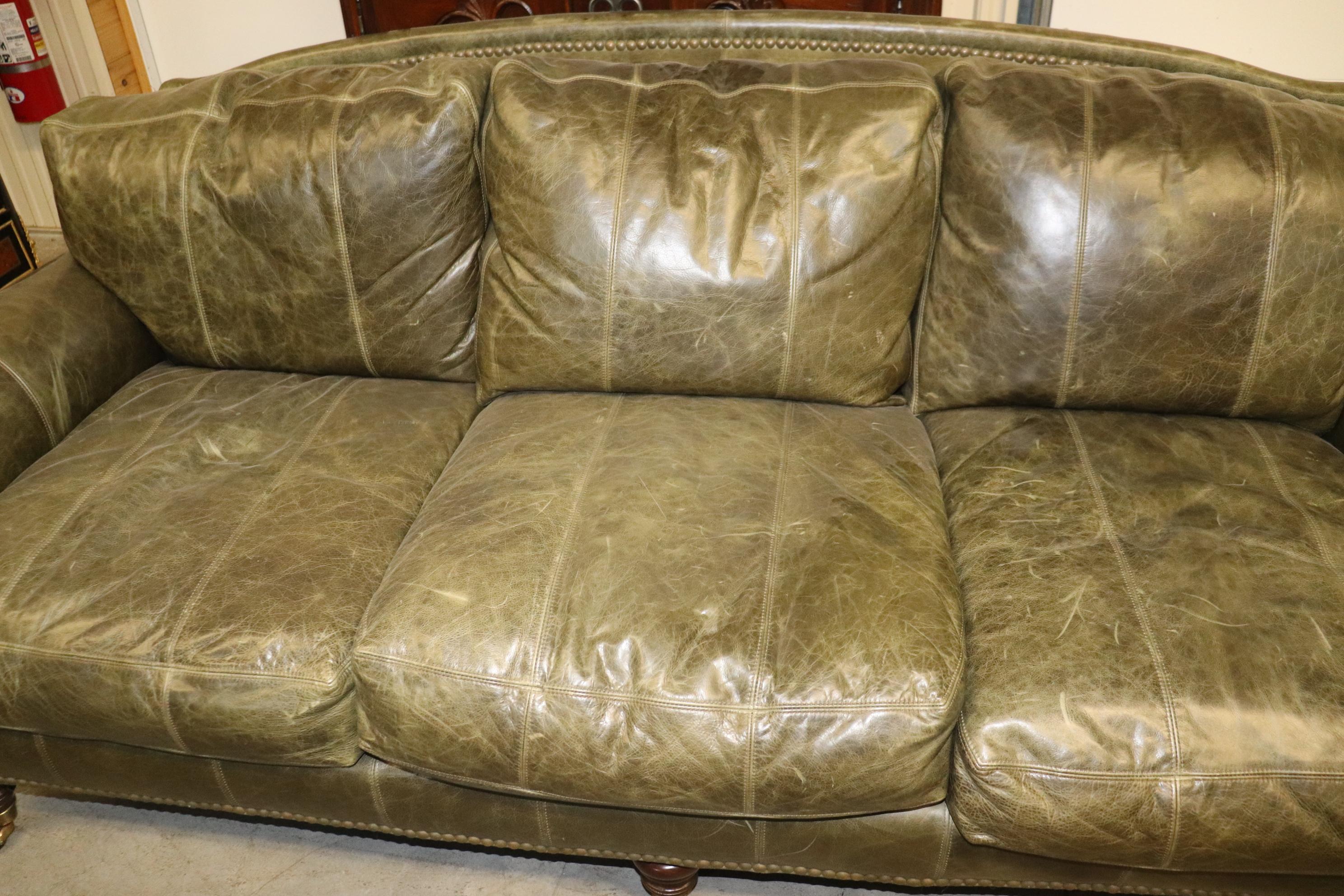 Fine Lillian August Distressed Green Leather Edwardian Sofa 2