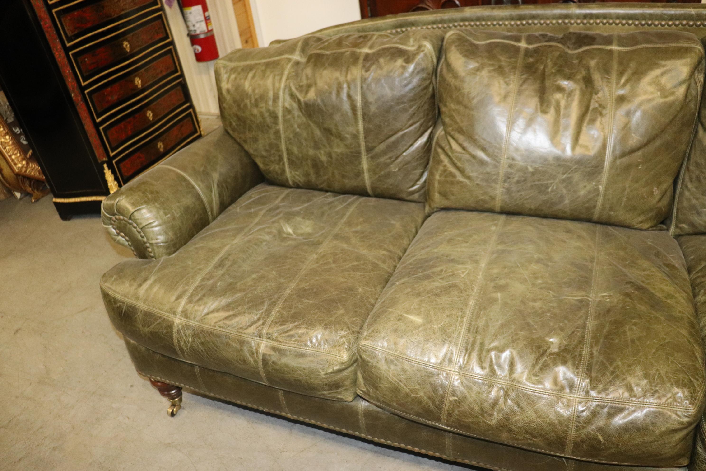 Fine Lillian August Distressed Green Leather Edwardian Sofa 3