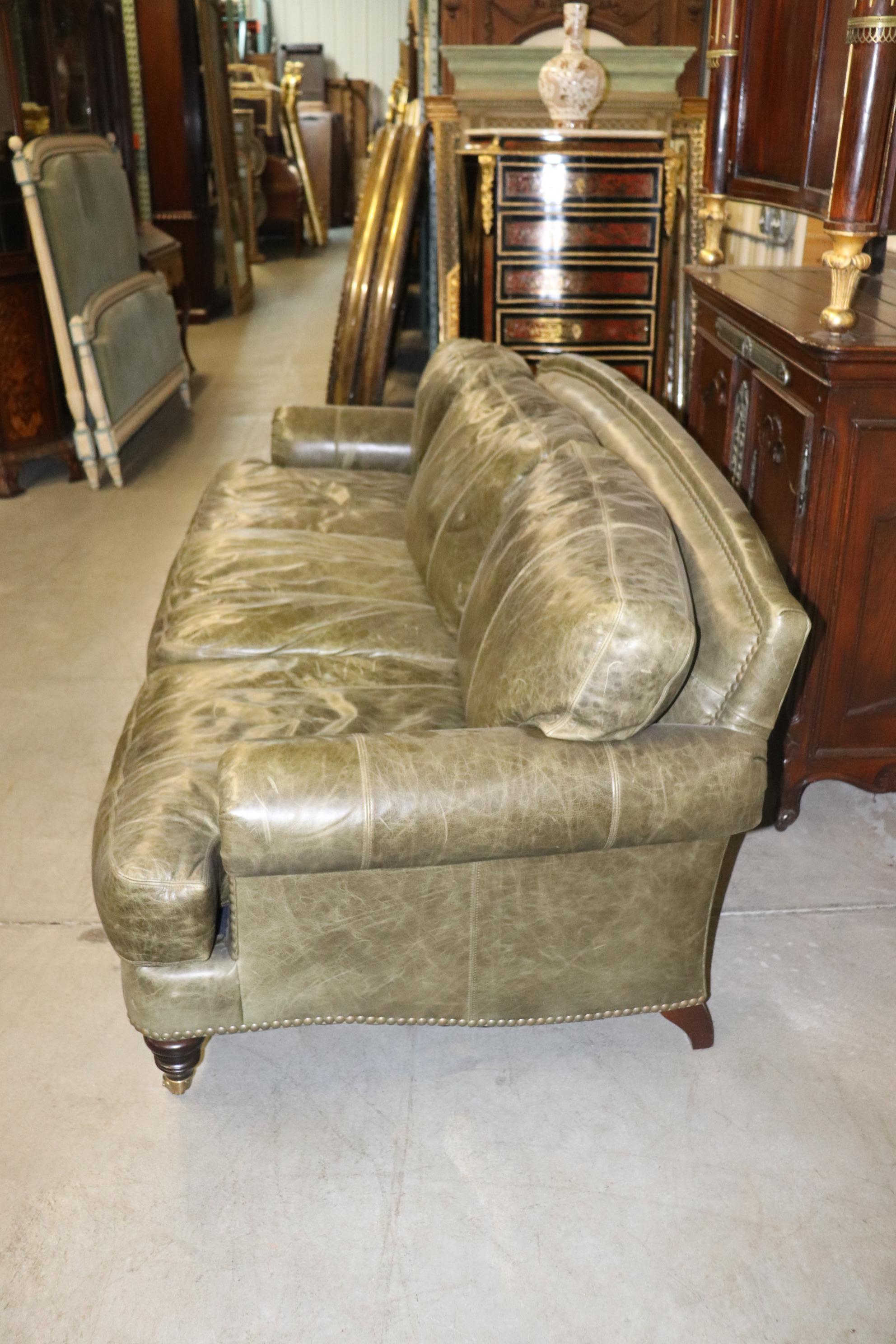 Fine Lillian August Distressed Green Leather Edwardian Sofa 4