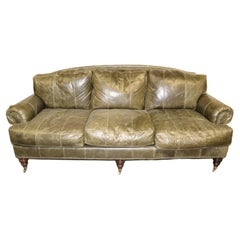 Retro Fine Lillian August Distressed Green Leather Edwardian Sofa