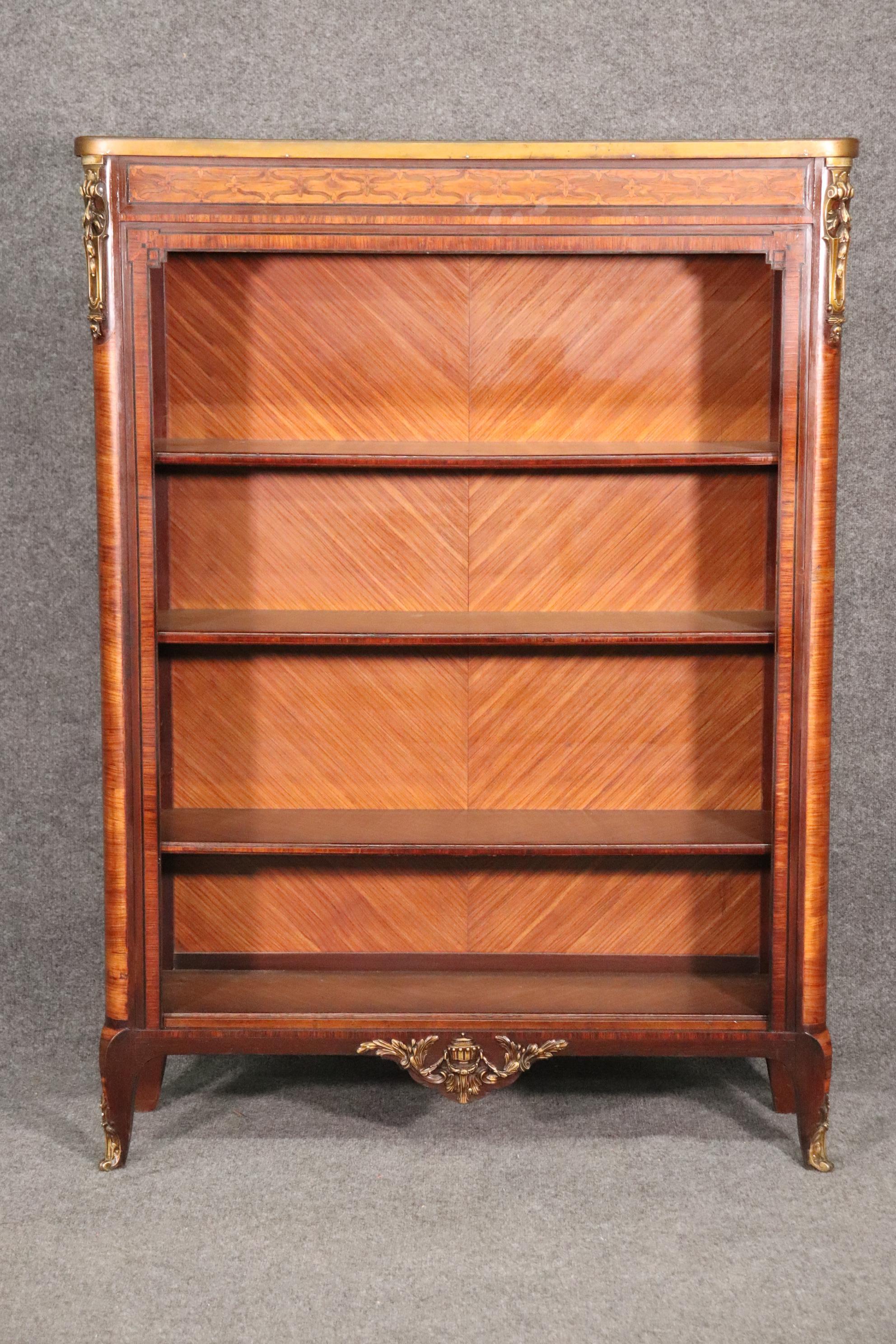 Louis XV Fine Linke Attributed Satinwood Walnut and Marble Bronze Mounted Bookcase