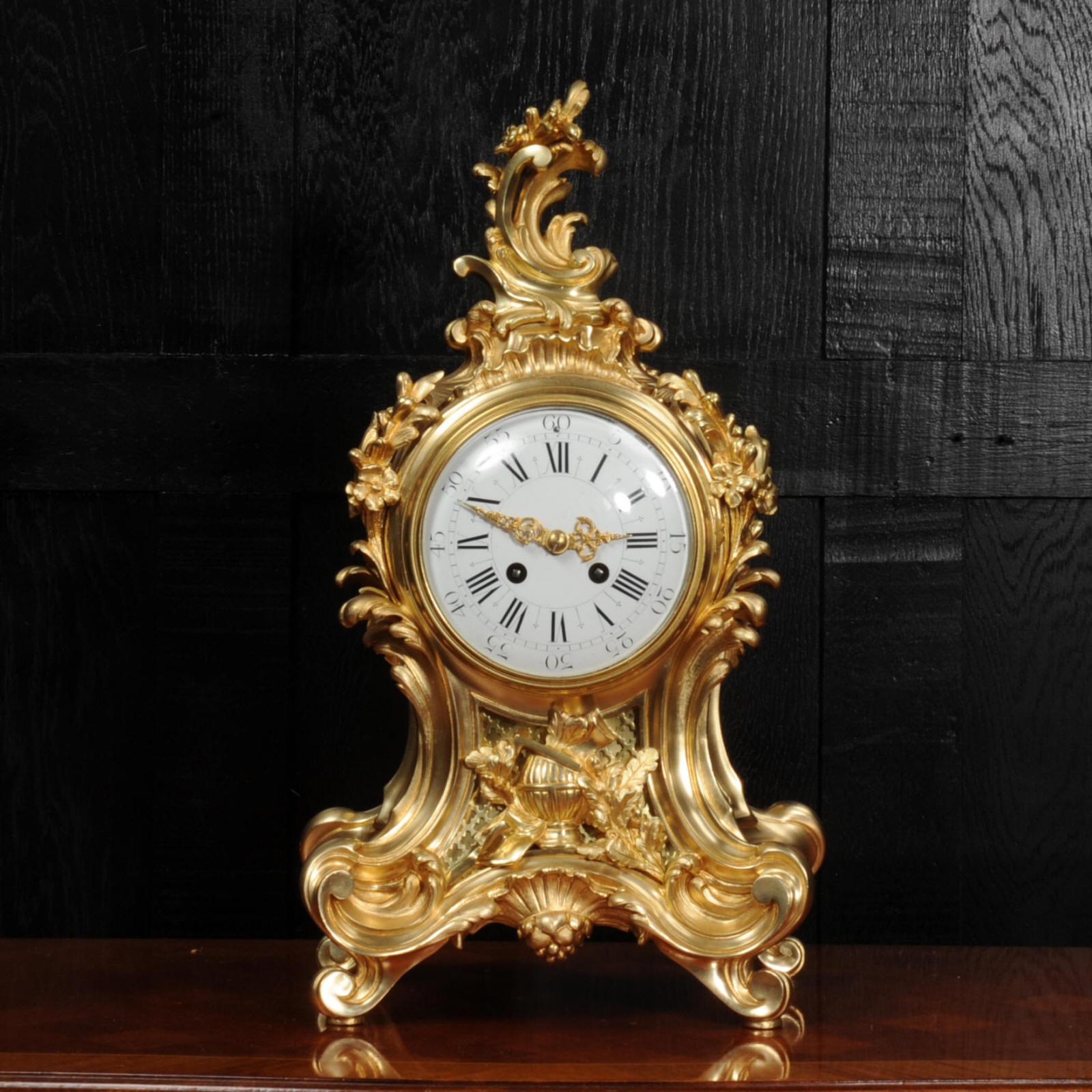 A very fine and substantial gilt bronze table clock, circa 1880, by the esteemed case maker Charles Hour and by clockmaker Louis Japy. It is of the the highest quality, beautifully modelled and finished in glorious ormolu (finely gilded bronze or